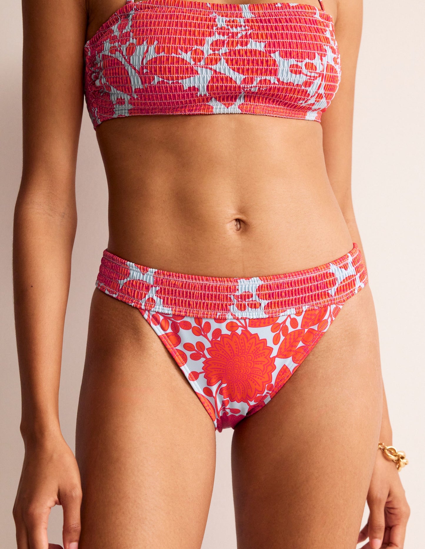 Milos Smocked Bikini Bottoms-Fire Cracker, Gardenia Swirl