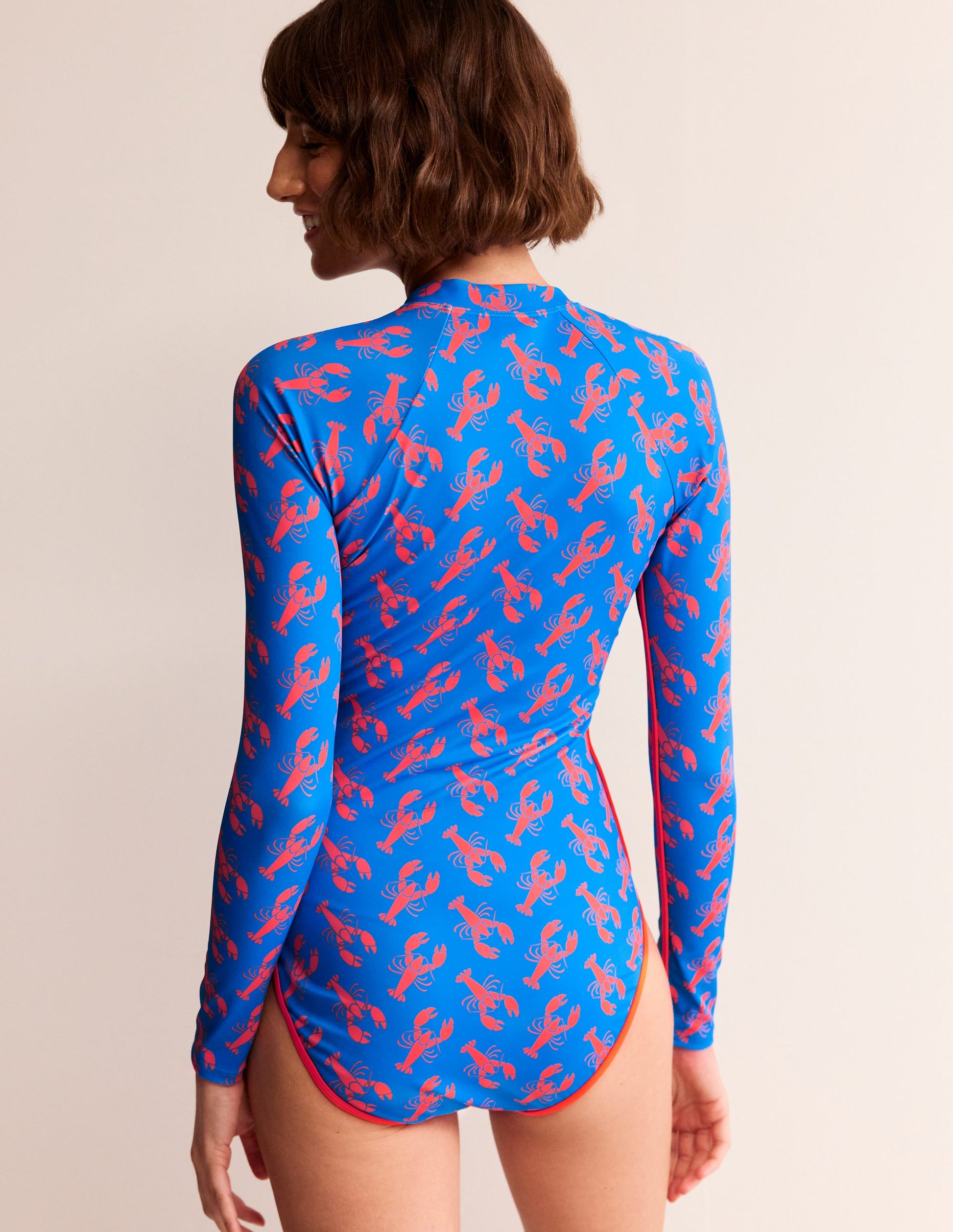 Piped Raglan Sleeve Swimsuit-Indigo Bunting, Lobster-3