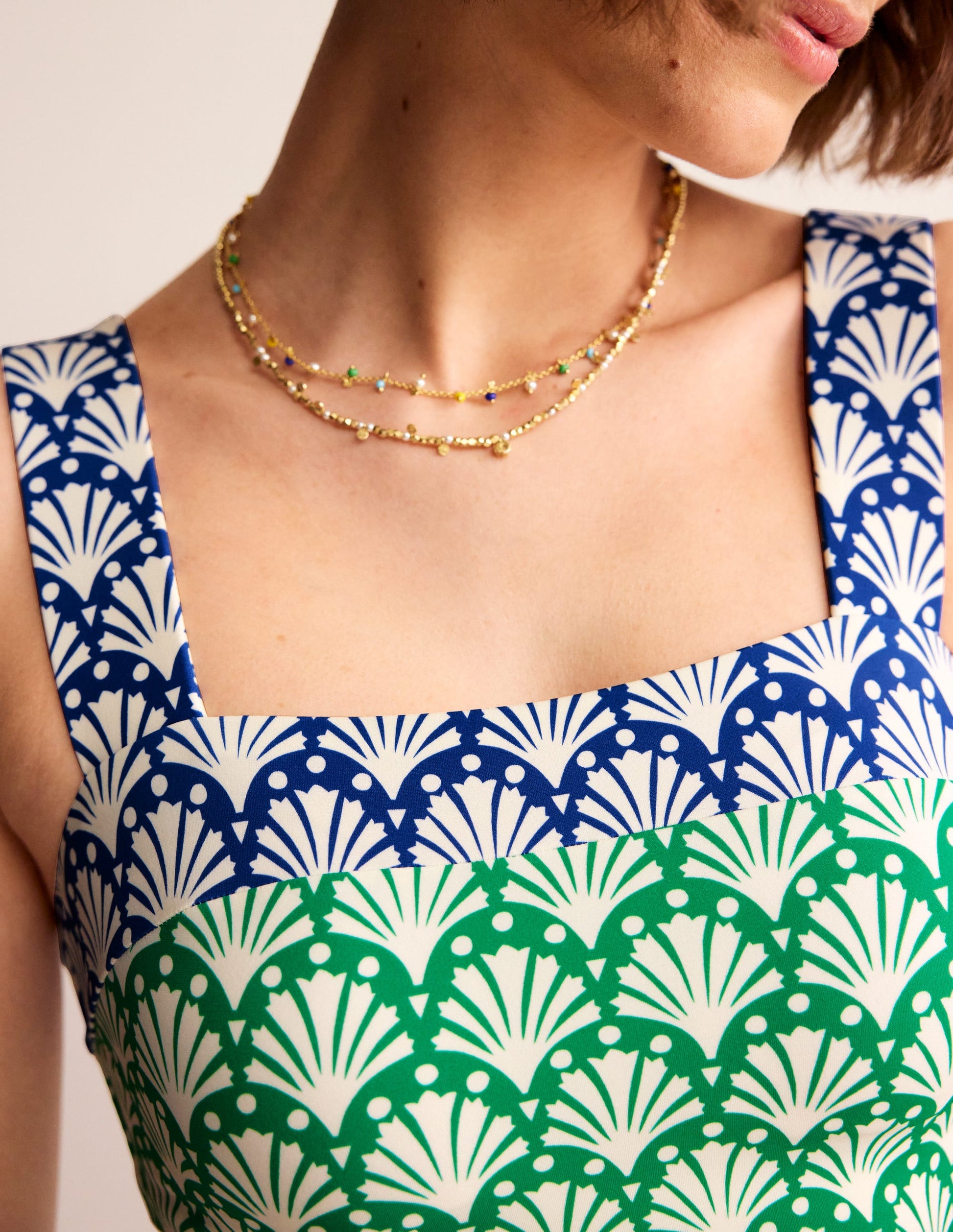 Square Neck Panel Swimsuit-Green Tambourine, Shells-2