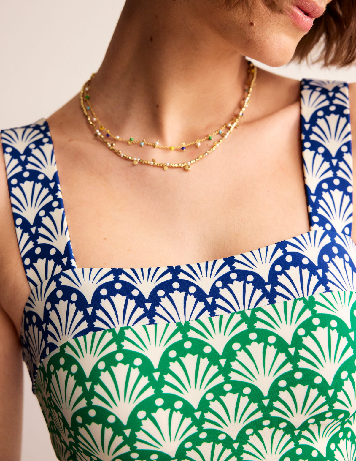Square Neck Panel Swimsuit-Green Tambourine, Shells - Image 2