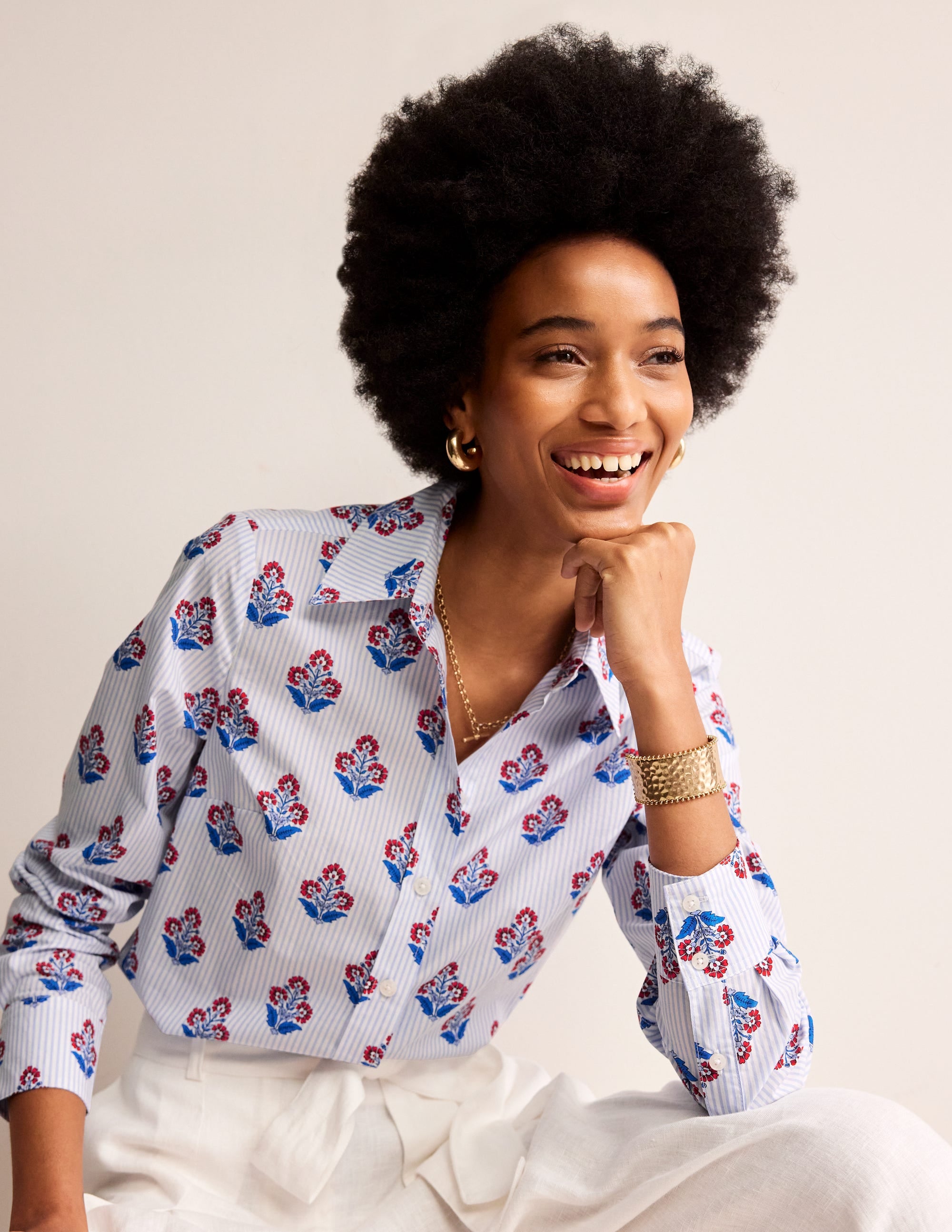 Sienna Cotton Shirt-Mandarin Red, Floret Stem - Image 1