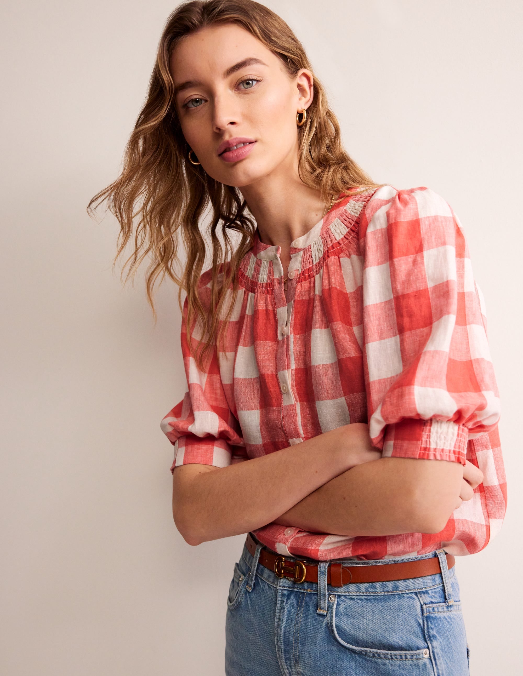 Ada Linen Top-Porcelain Rose, Gingham - Image 1
