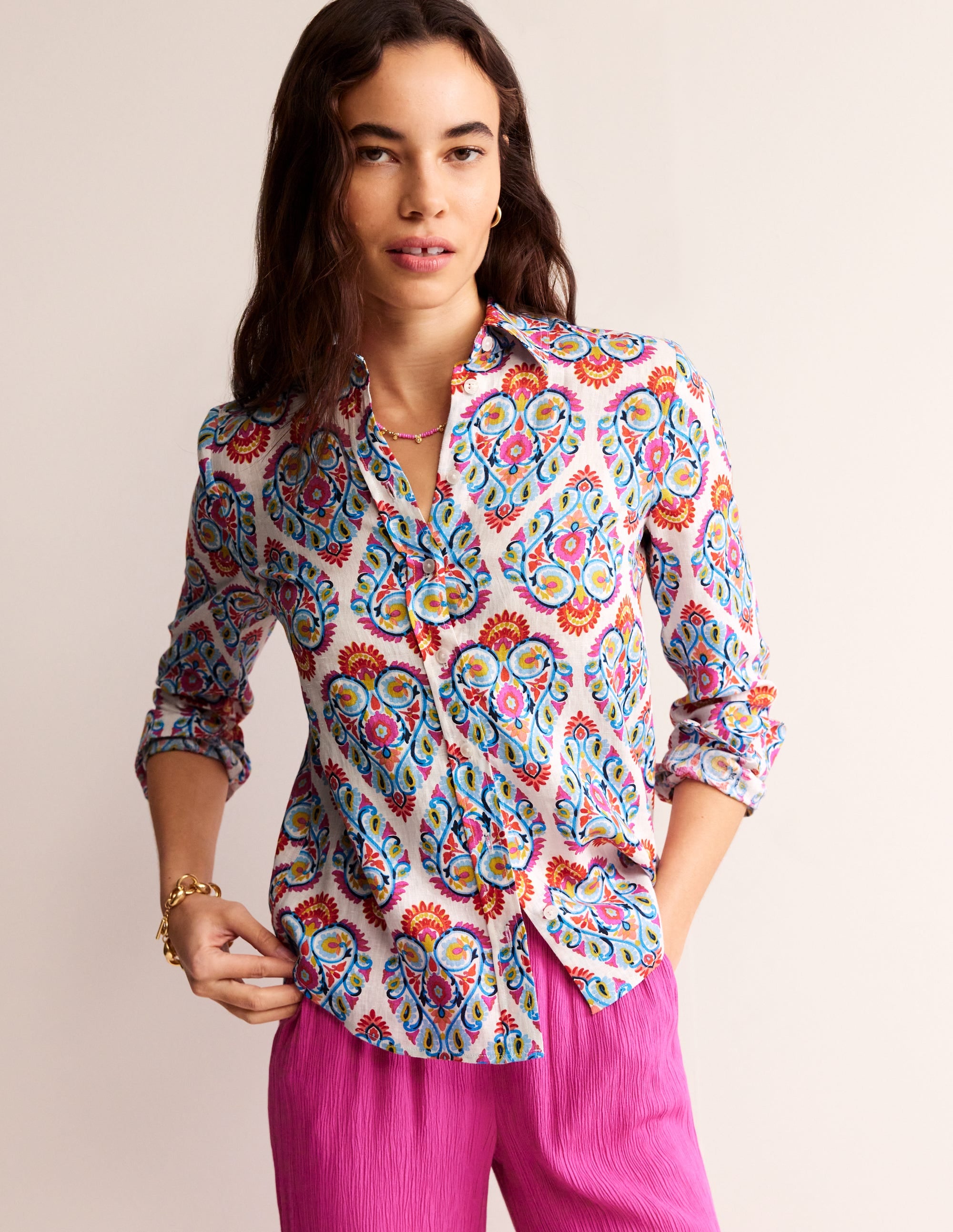 Sienna Linen Shirt-Multi, Flora Stamp - Image 4