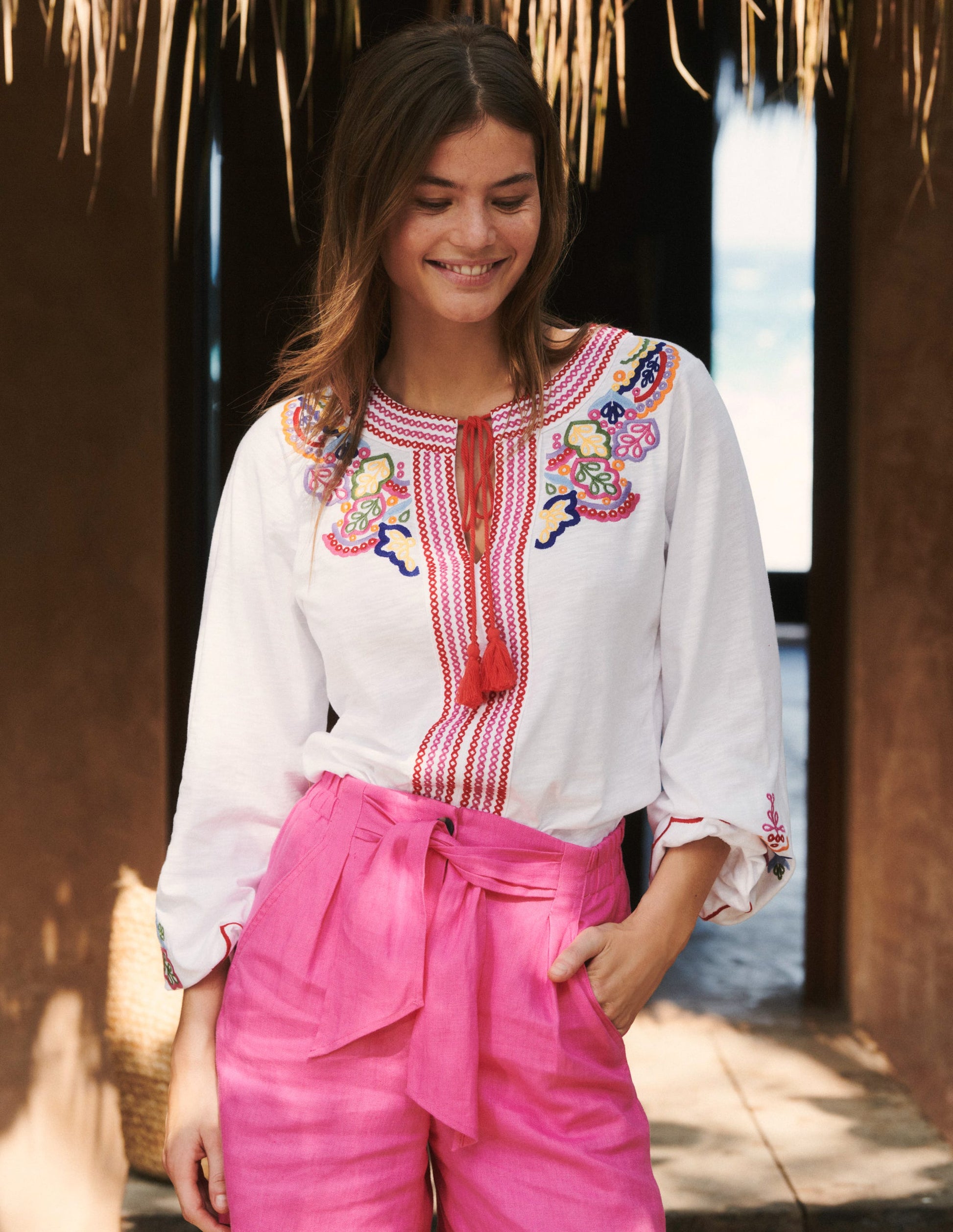 Diana Embroidered Tie Neck Top-White Embroidery-5