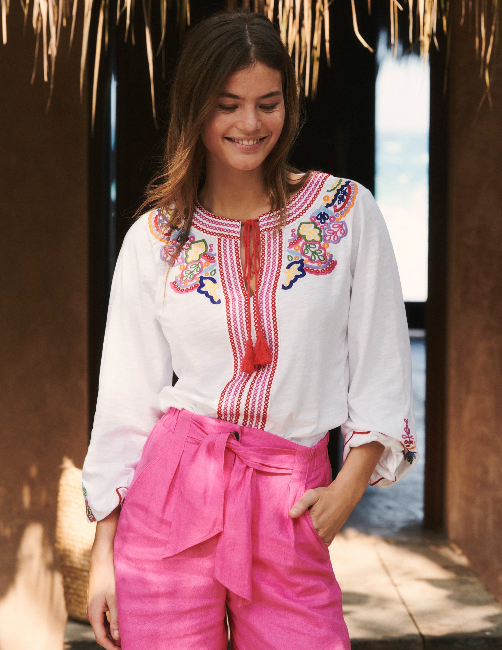 Diana Embroidered Tie Neck Top-White Embroidery - Image 5