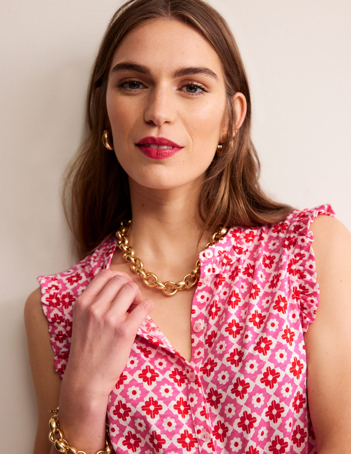 Olive Sleeveless Shirt-Pink Power, Geometric Stamp-1