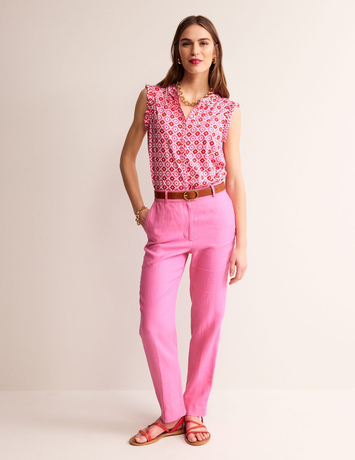 Olive Sleeveless Shirt-Pink Power, Geometric Stamp - Image 4