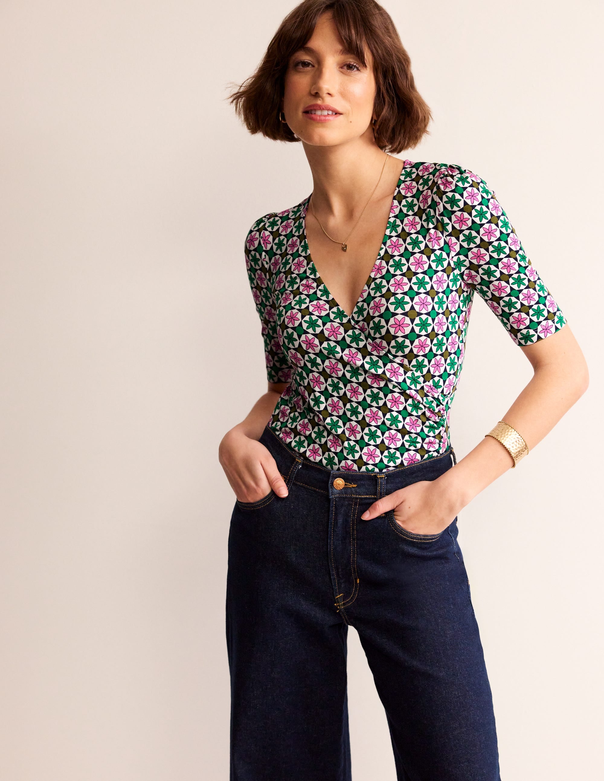 Wrap Front Jersey Top-Multi, Botanic Tile - Image 1