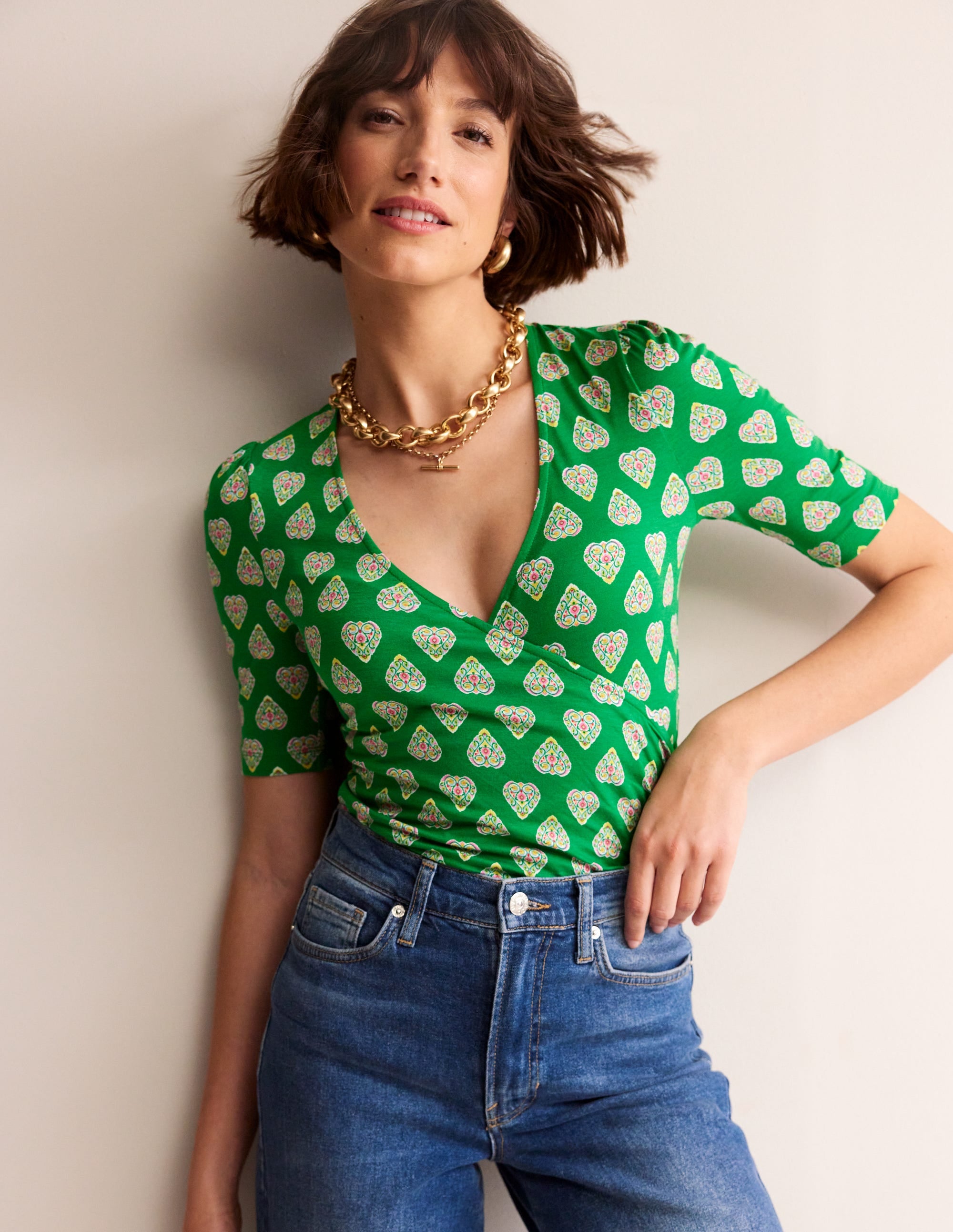 Wrap Front Jersey Top-Green Tambourine, Flora Stamp - Image 1