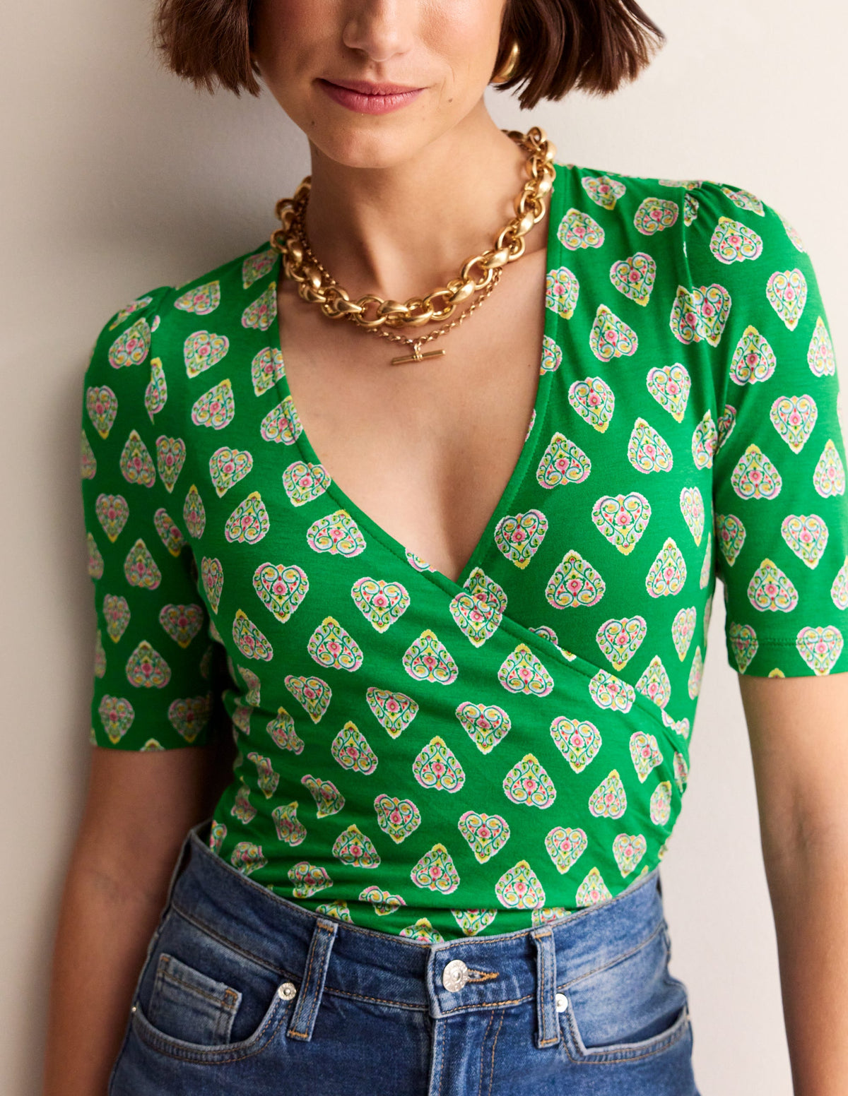 Wrap Front Jersey Top-Green Tambourine, Flora Stamp - Image 2