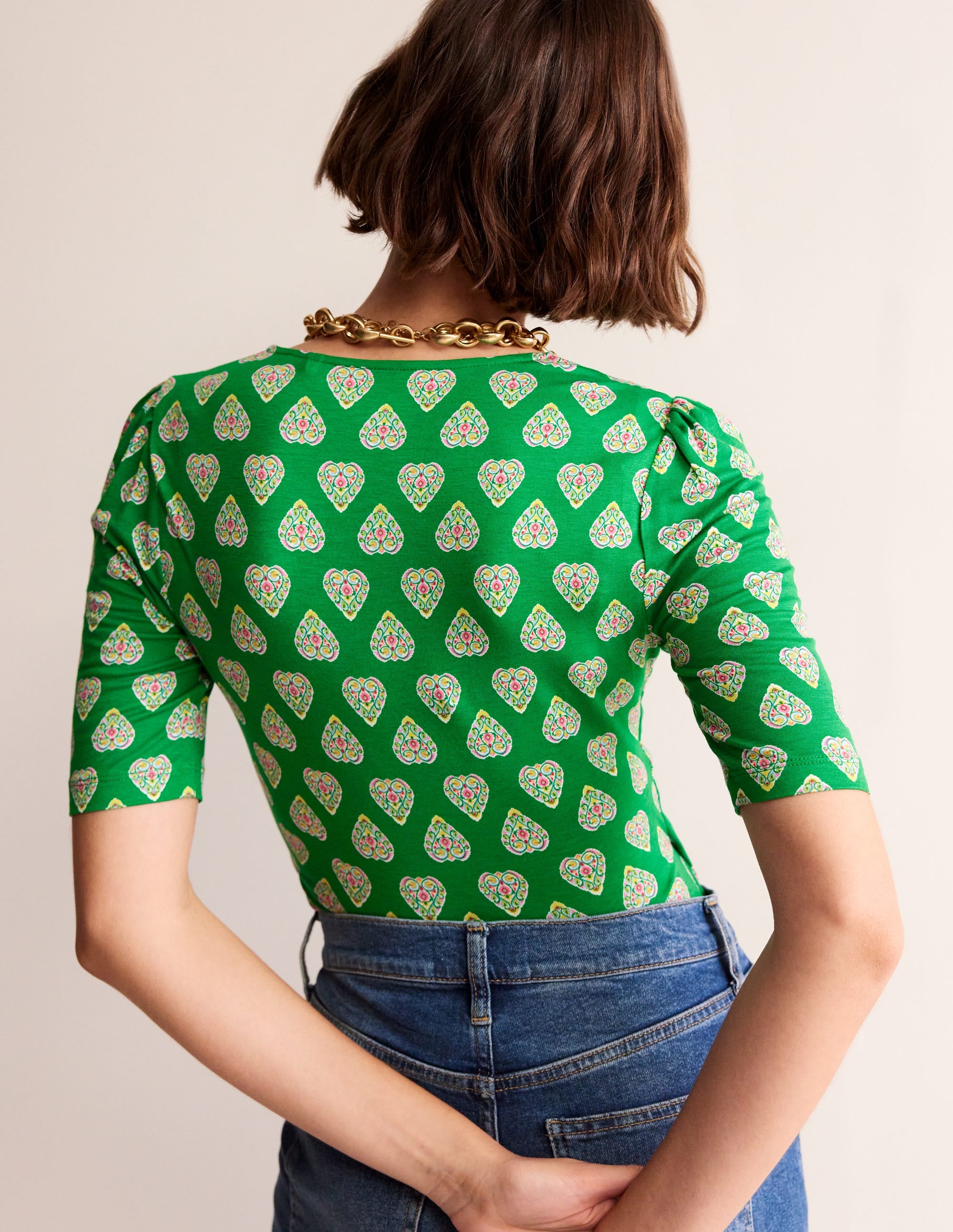 Wrap Front Jersey Top-Green Tambourine, Flora Stamp - Image 3