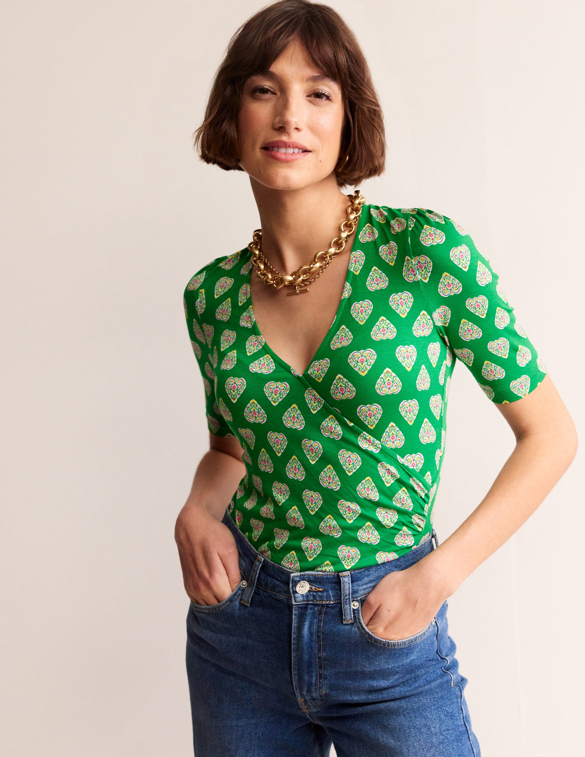 Wrap Front Jersey Top-Green Tambourine, Flora Stamp - Image 4
