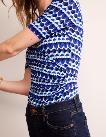 Wrap Front Jersey Top-Blue, Abstract Illusion-2