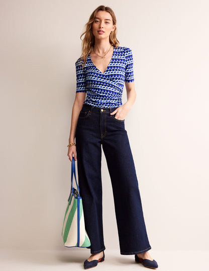 Wrap Front Jersey Top-Blue, Abstract Illusion-4