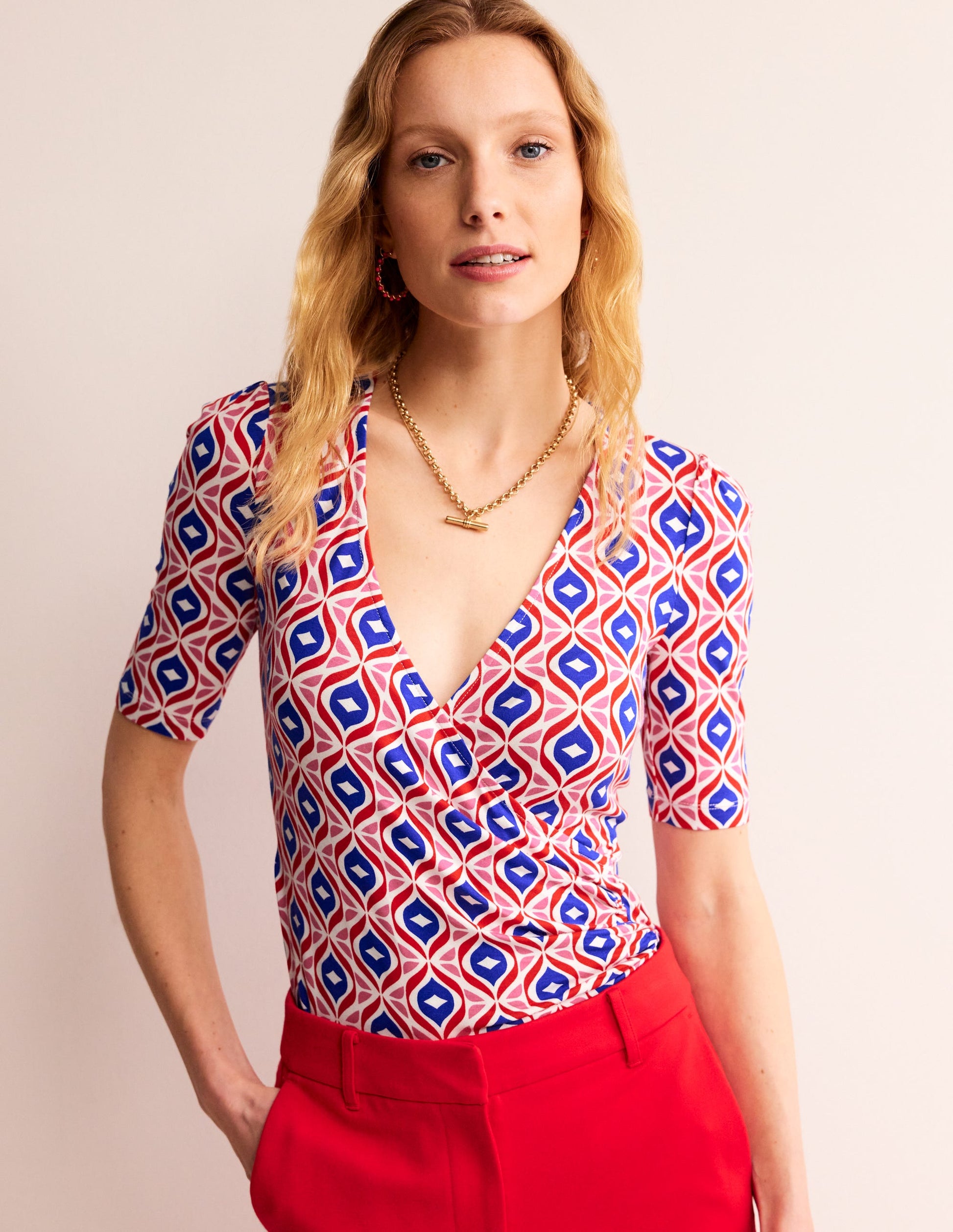 Wrap Front Jersey Top-Rubicondo, Diamond Wave-1