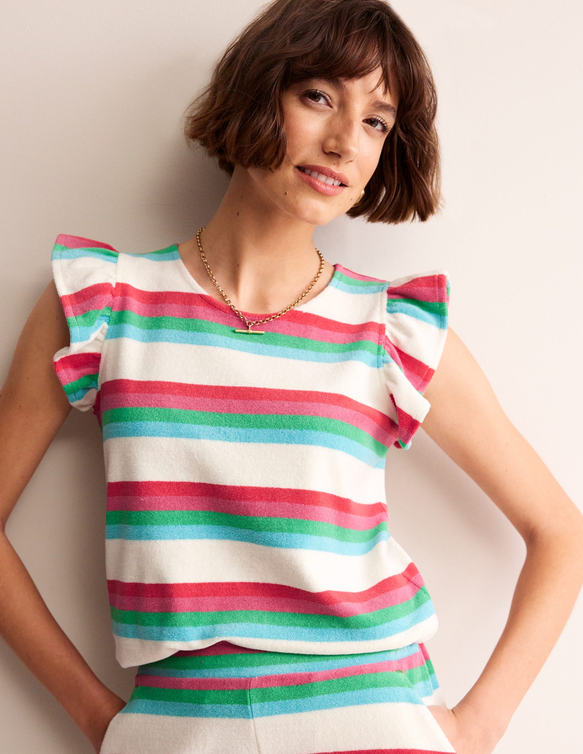 Towelling Frilled T-Shirt-Ivory, Multi-1
