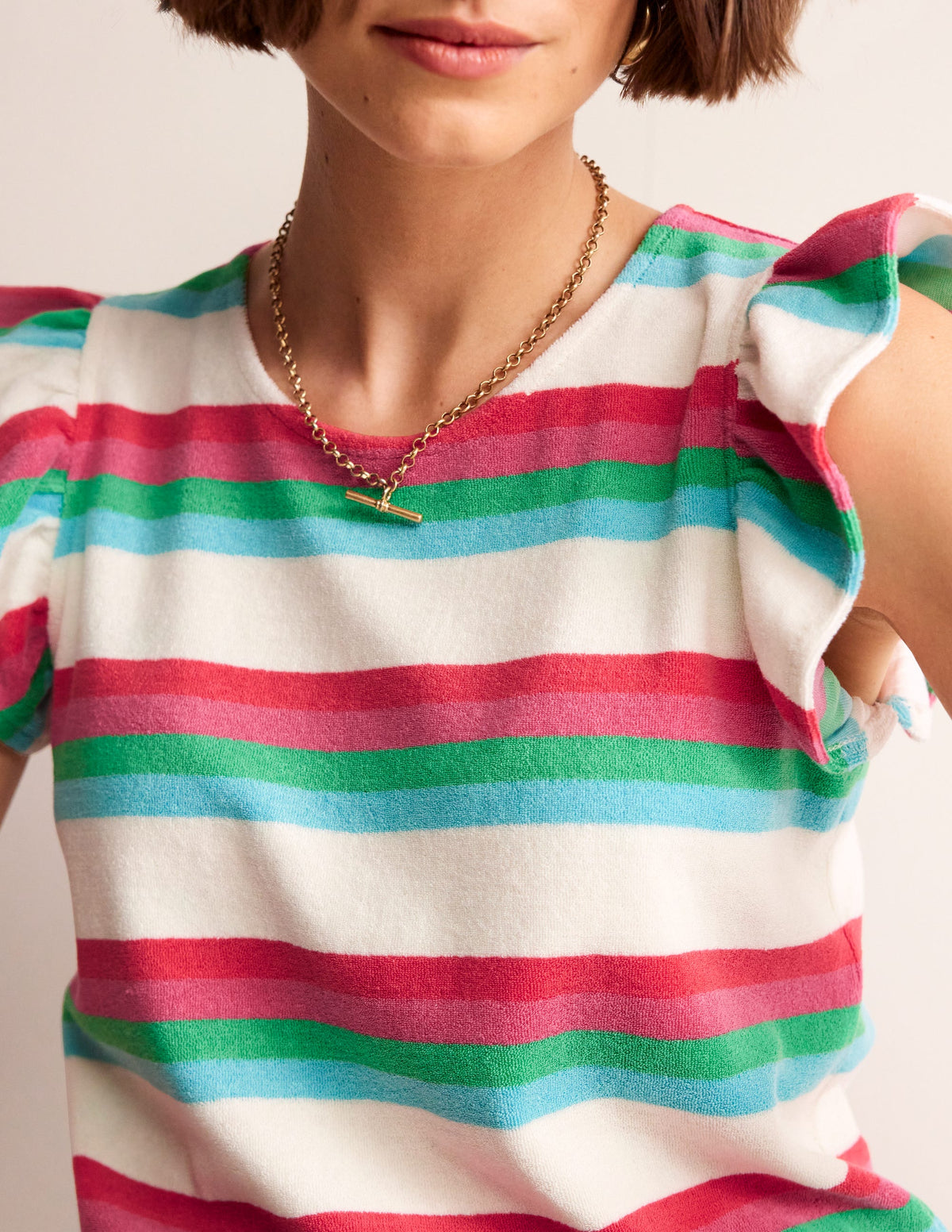 Towelling Frilled T-Shirt-Ivory, Multi-2