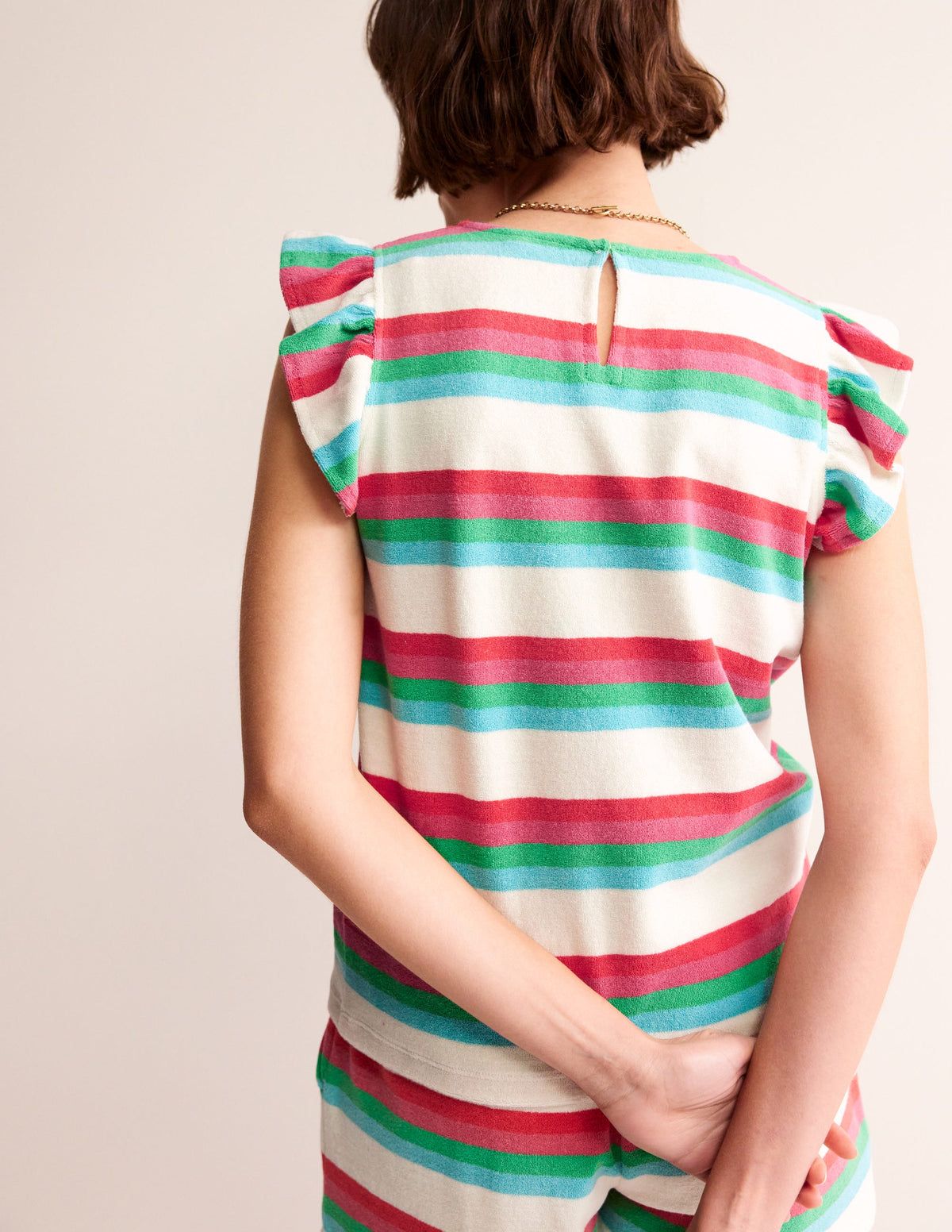 Towelling Frilled T-Shirt-Ivory, Multi-3