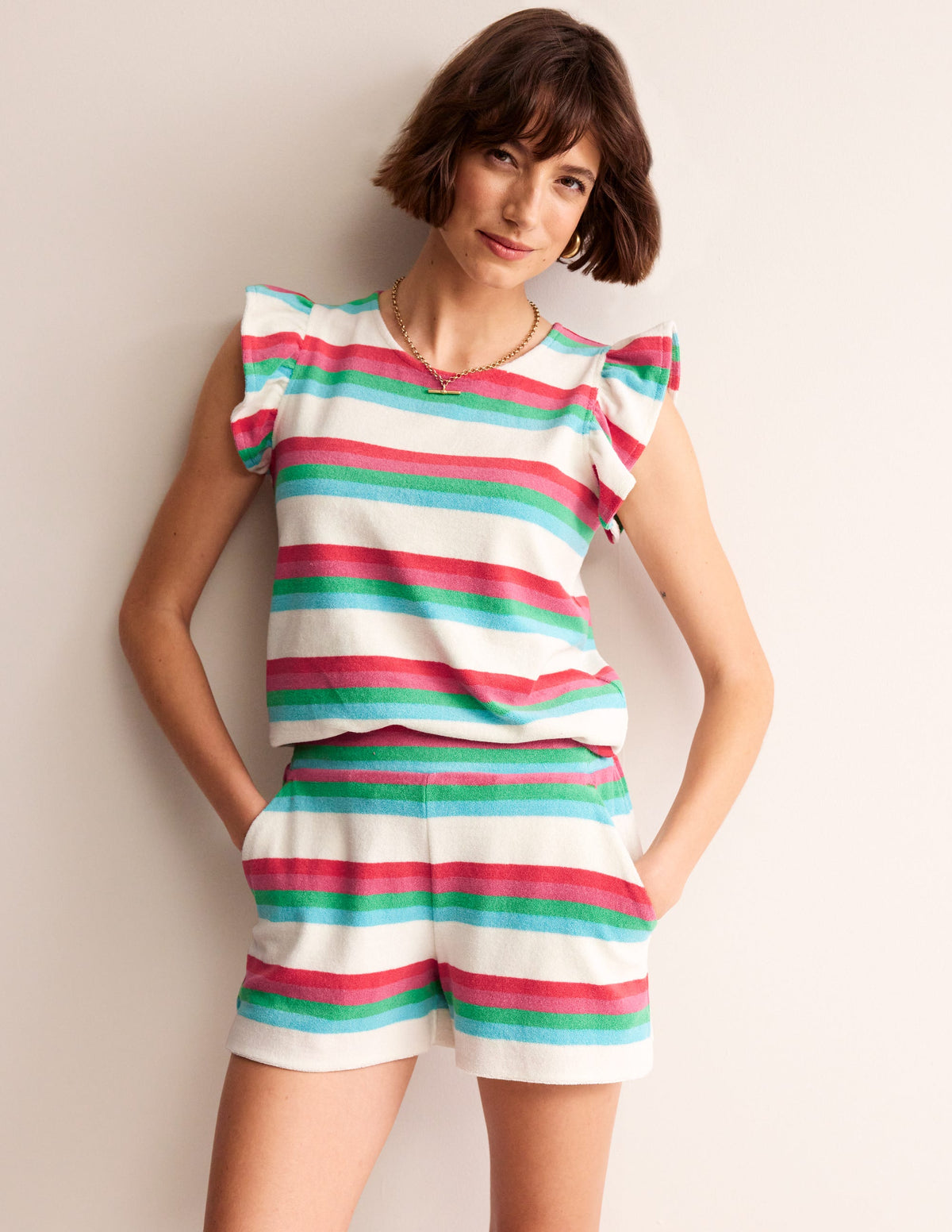 Towelling Frilled T-Shirt-Ivory, Multi - Image 4