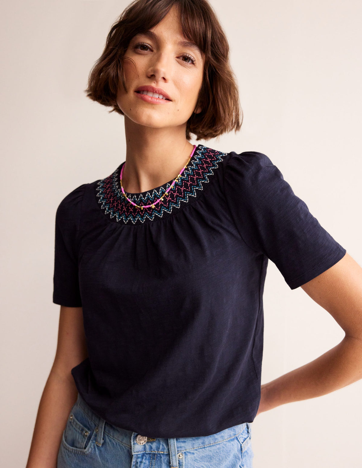 Smock Neck Puff Sleeve Top-Navy-1