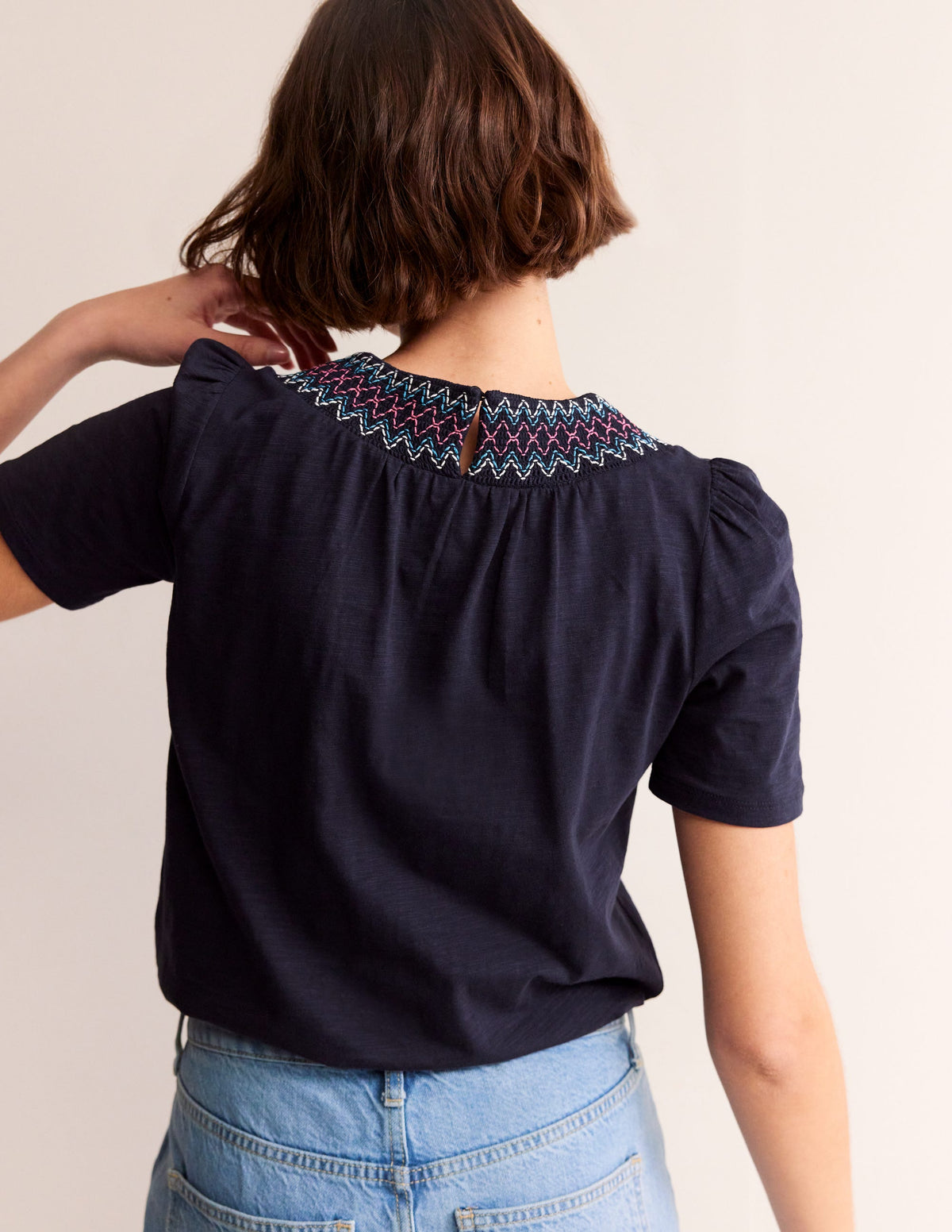 Smock Neck Puff Sleeve Top-Navy - Image 3