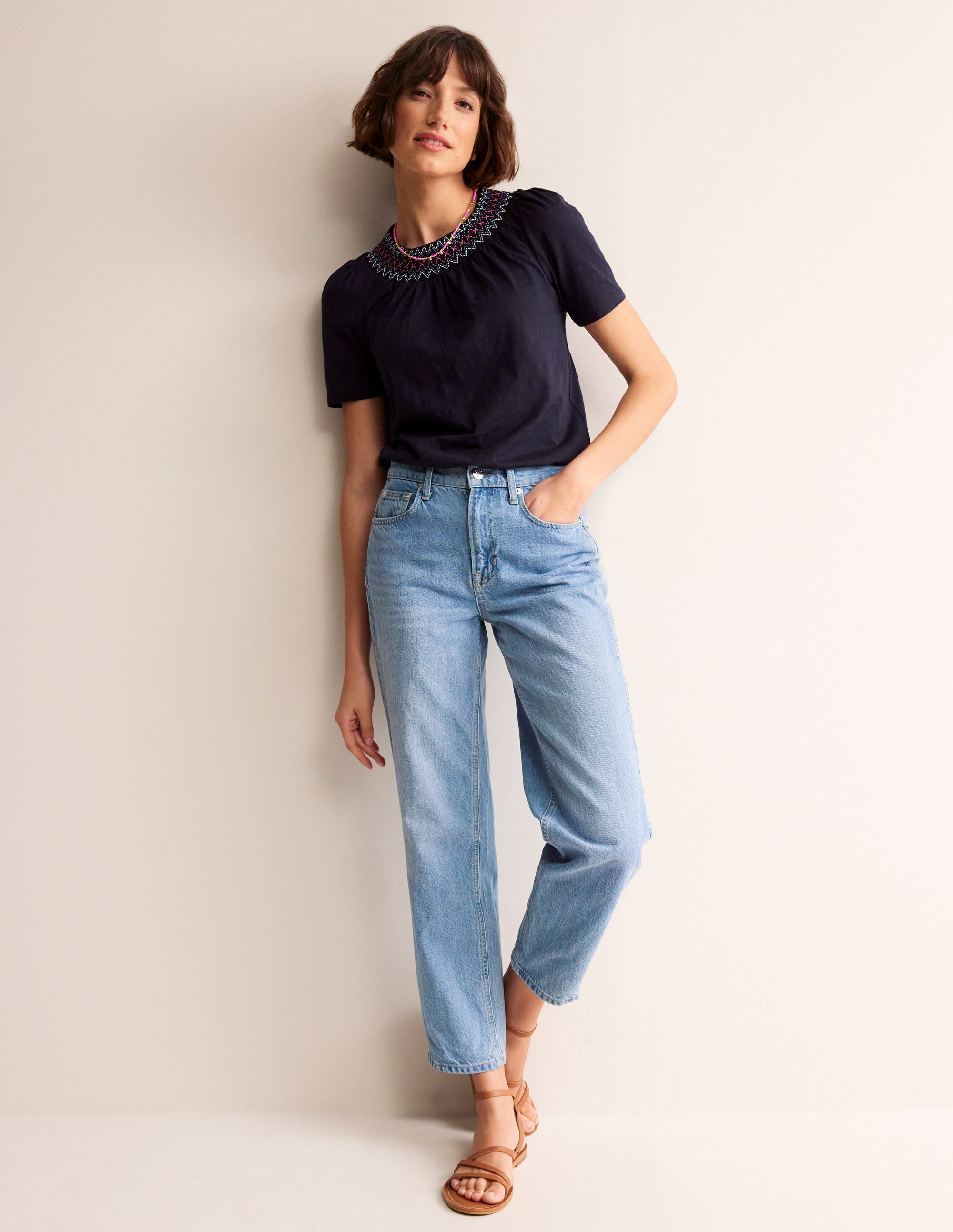 Smock Neck Puff Sleeve Top-Navy - Image 4