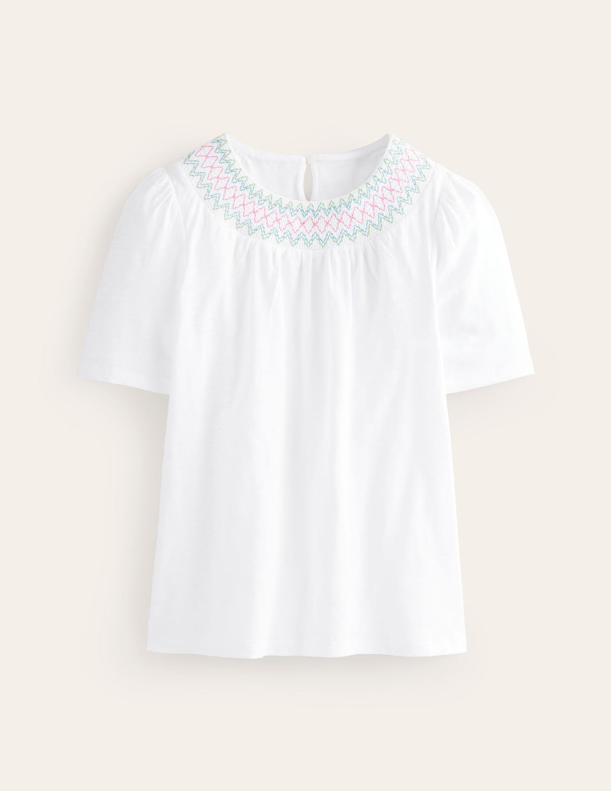 Smock Neck Puff Sleeve Top-White-5
