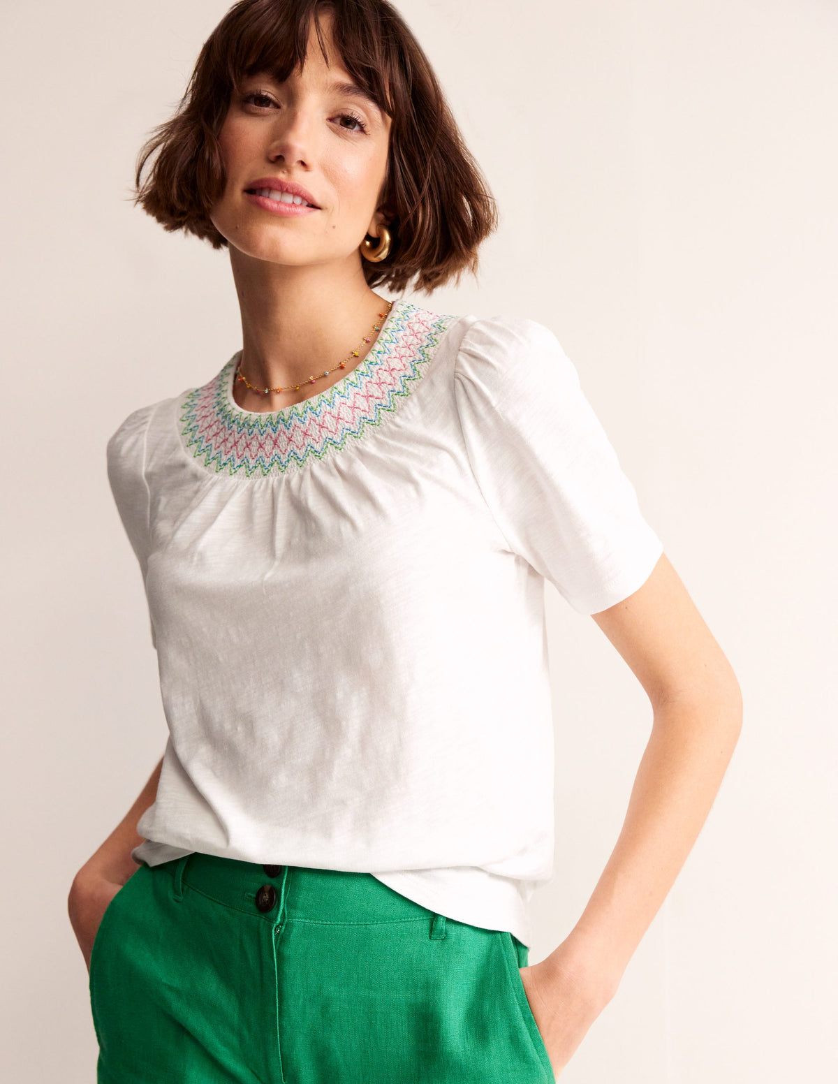 Smock Neck Puff Sleeve Top-White-1
