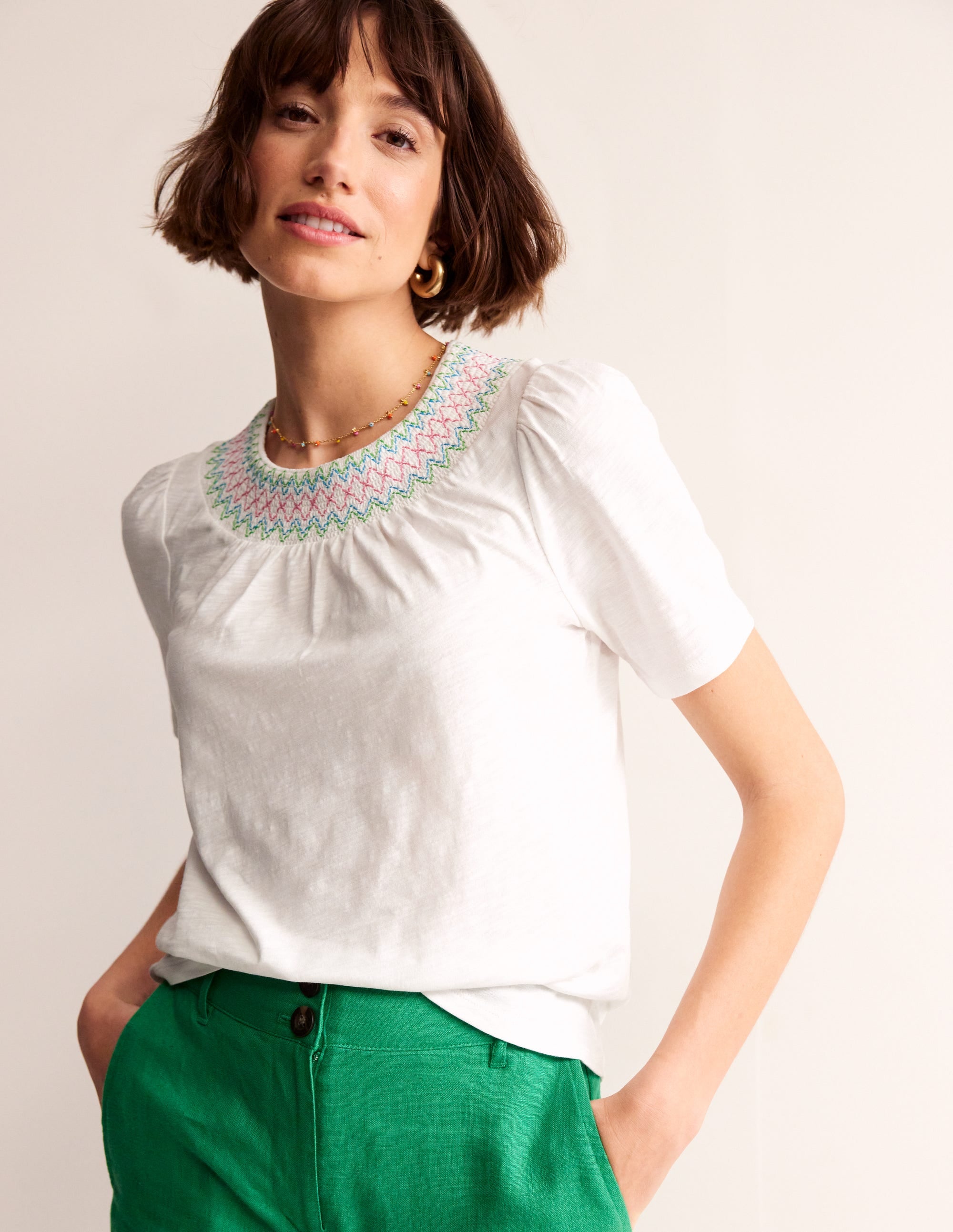 Smock Neck Puff Sleeve Top-White - Image 1
