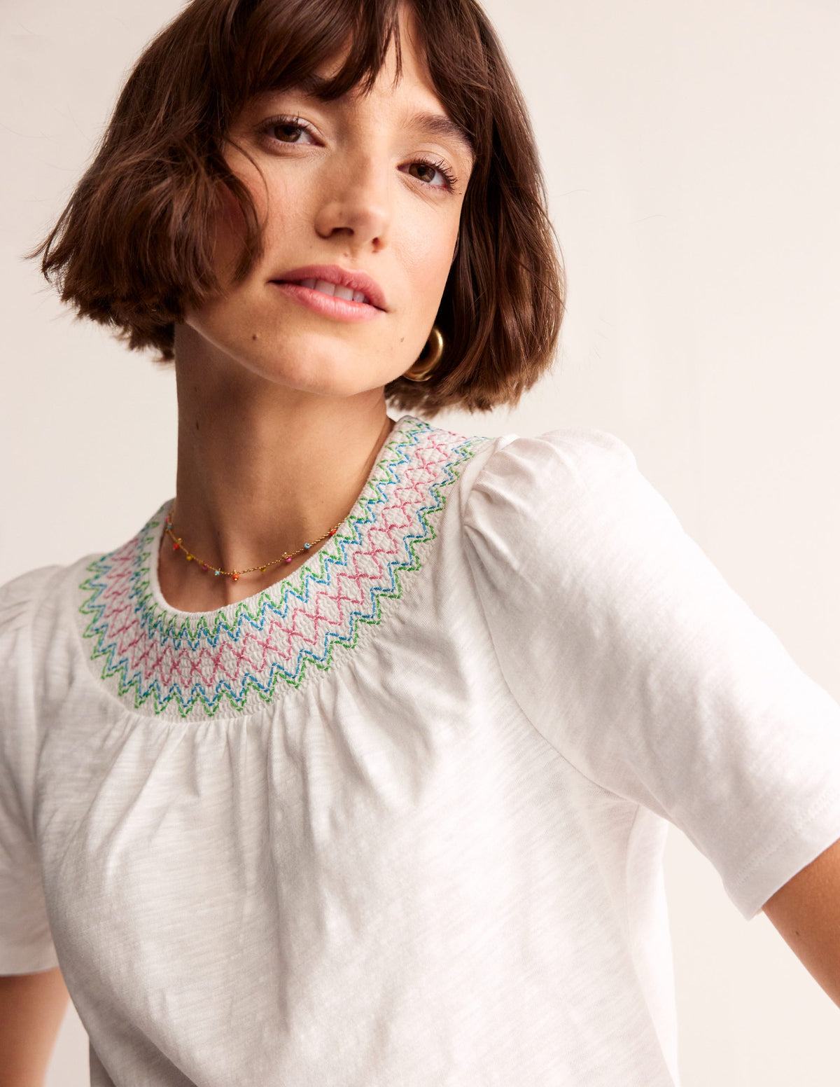 Smock Neck Puff Sleeve Top-White-2