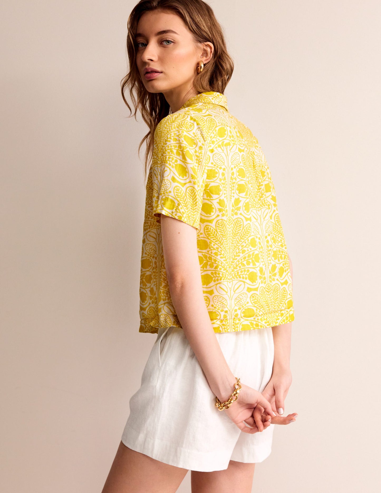 Hazel Short Sleeve Linen Shirt-Passion Fruit, Gardenia Swirl