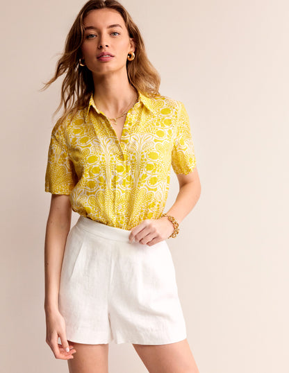 Hazel Short Sleeve Linen Shirt-Passion Fruit, Gardenia Swirl