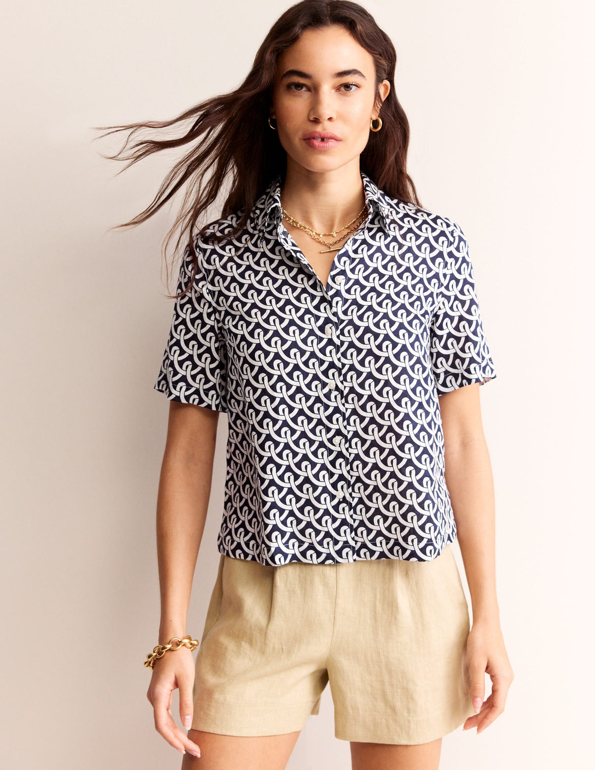 Hazel Short Sleeve Linen Shirt-Navy, Geo Terrace - Image 1