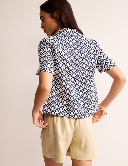 Hazel Short Sleeve Linen Shirt-Navy, Geo Terrace