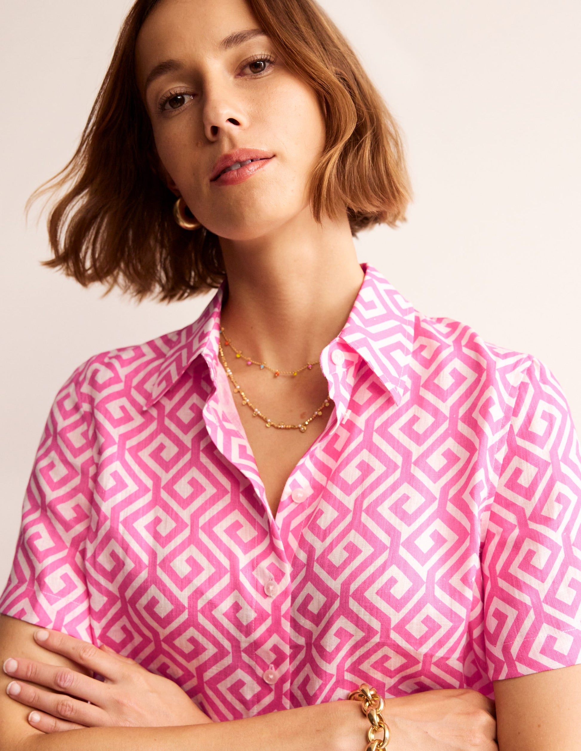 Hazel Short Sleeve Linen Shirt-Pink Power, Maze-2