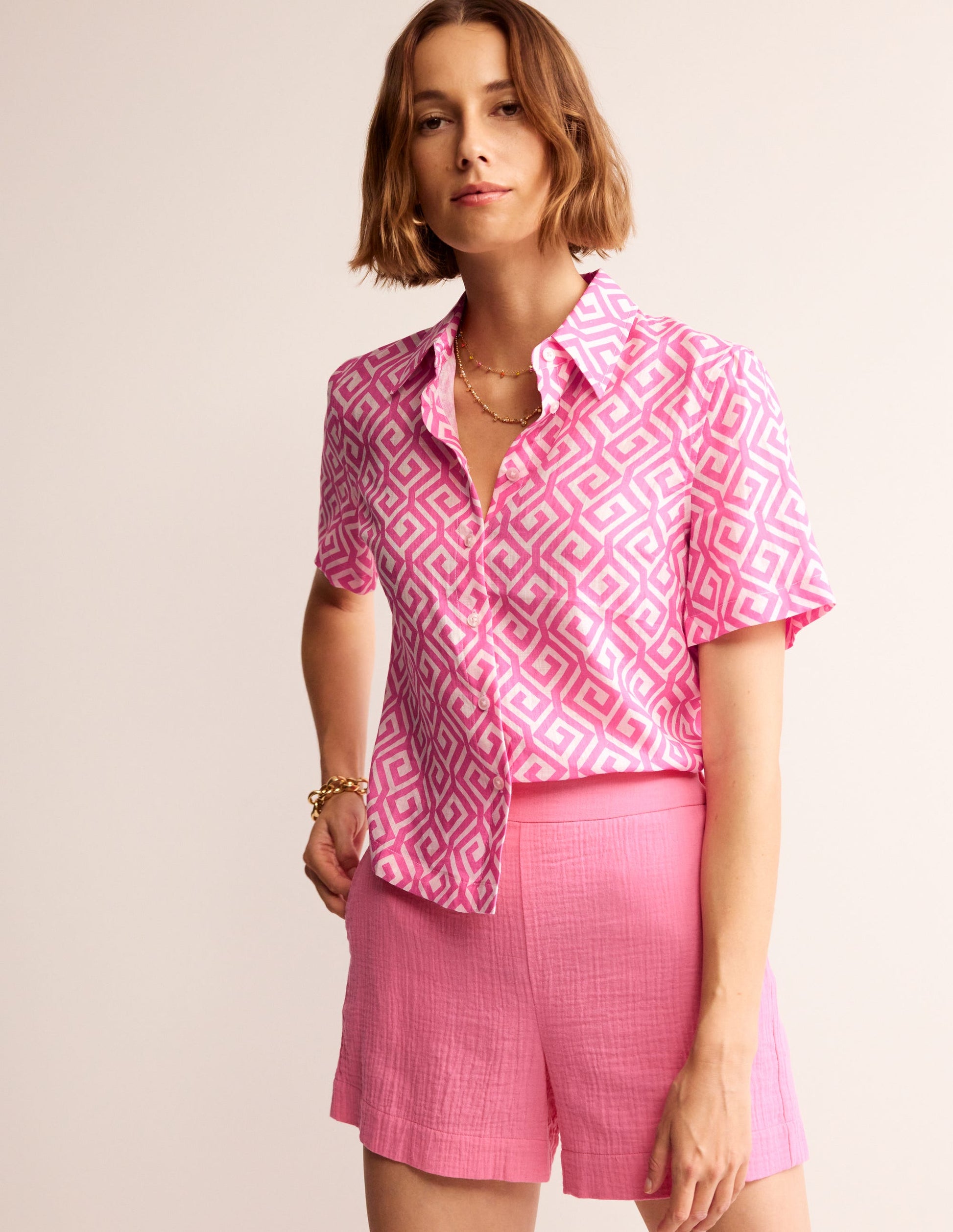 Hazel Short Sleeve Linen Shirt-Pink Power, Maze-4