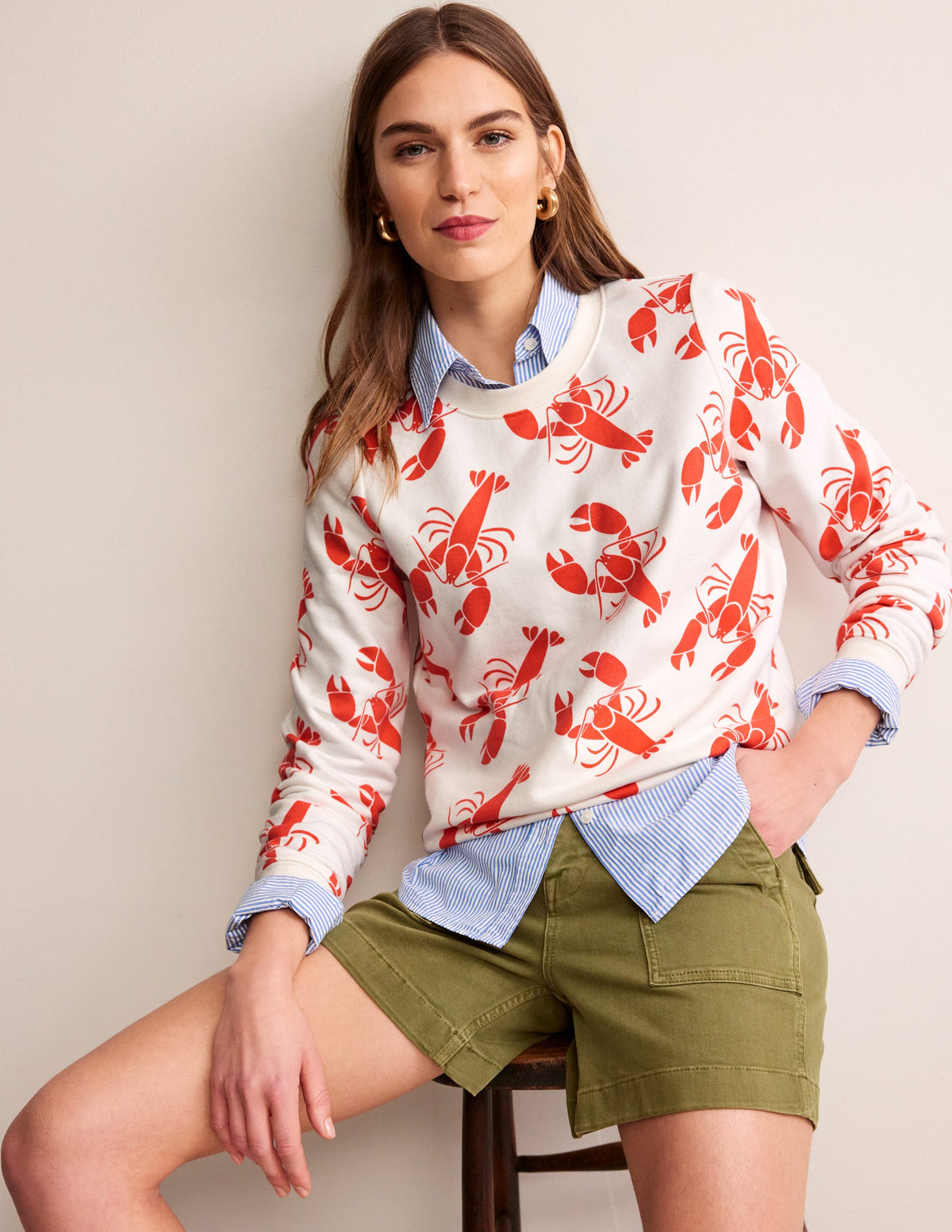 Hannah Printed Sweatshirt-Ivory, Lobster - Image 1