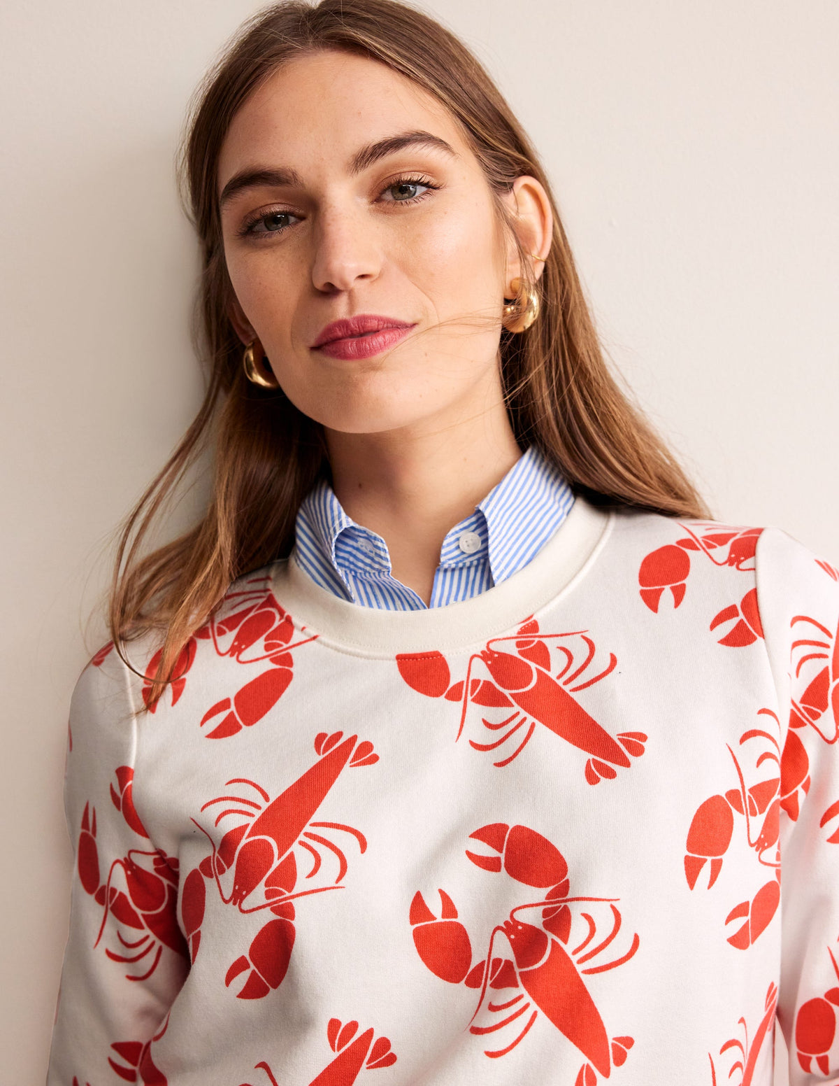 Hannah Printed Sweatshirt-Ivory, Lobster - Image 2