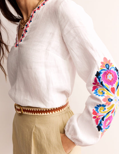 Bonnie Linen Top-White, Multi Floral