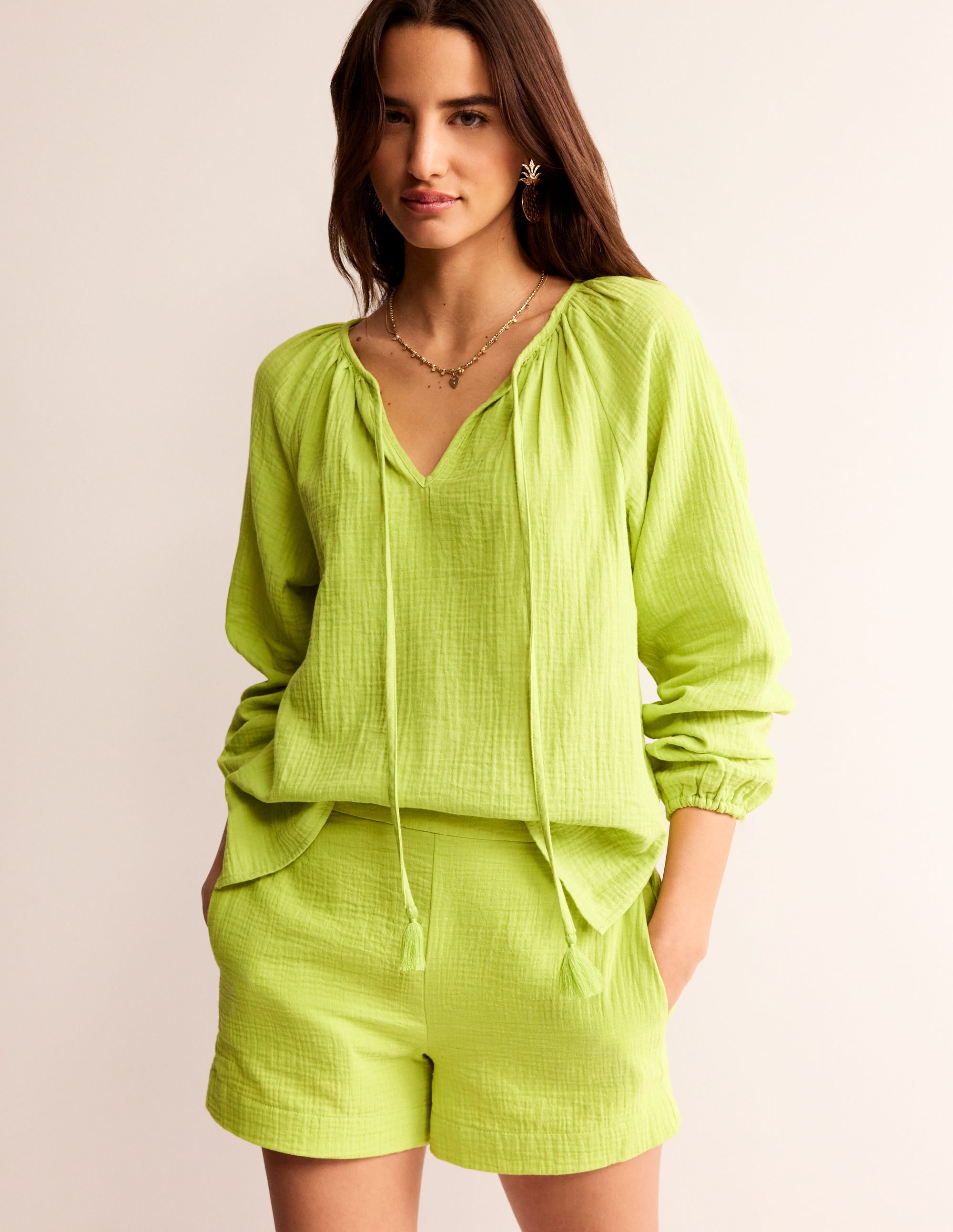 Serena Double Cloth Blouse-Bright Chartreuse - Image 4
