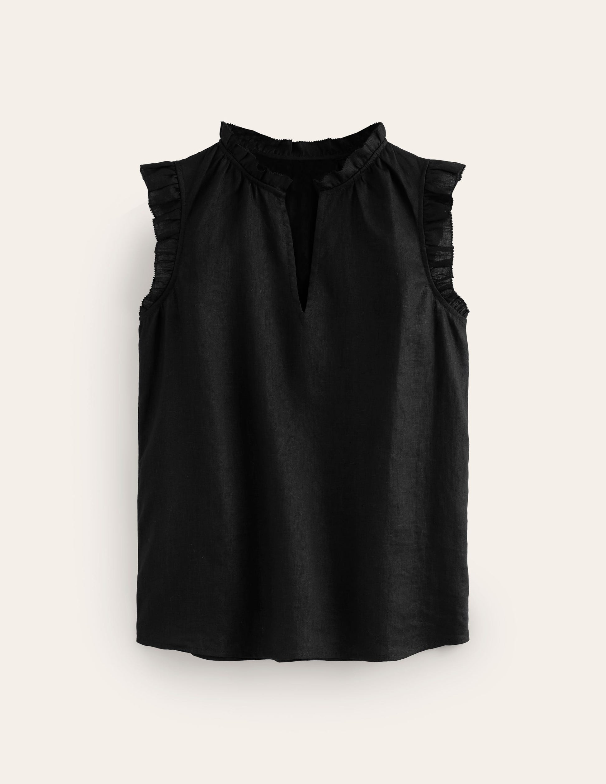 Frill Sleeve Linen Notch Top-Black-5