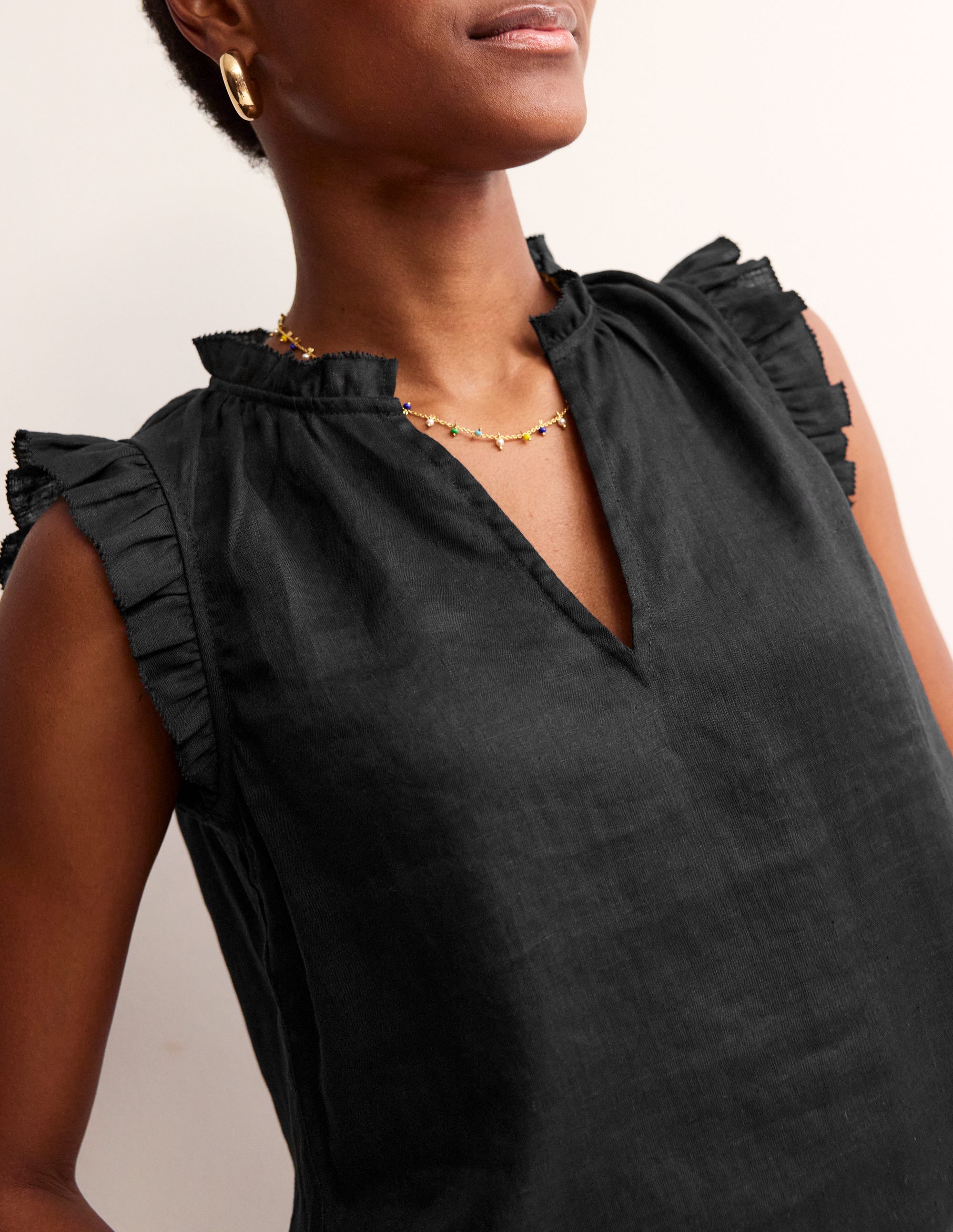 Frill Sleeve Linen Notch Top-Black - Image 2