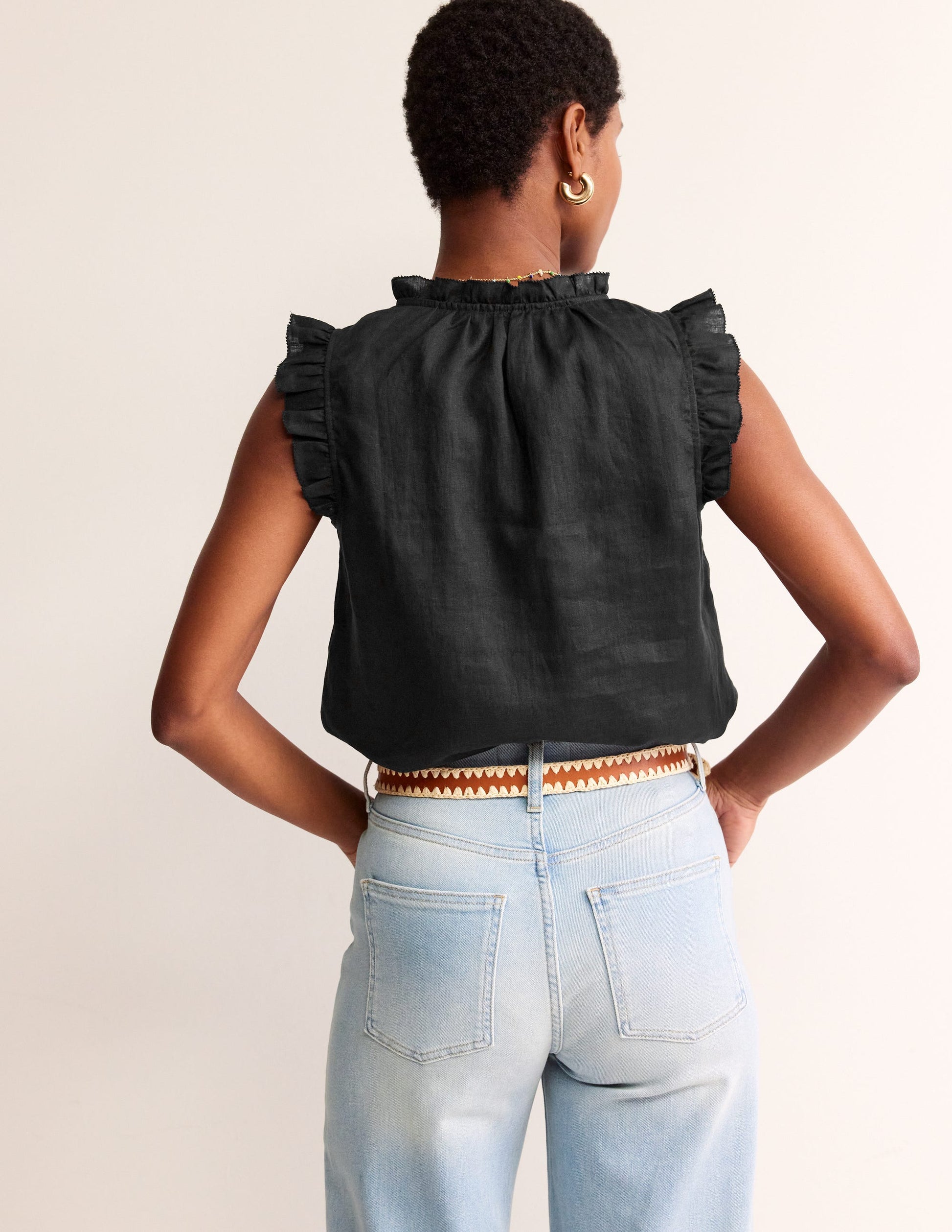 Frill Sleeve Linen Notch Top-Black-3