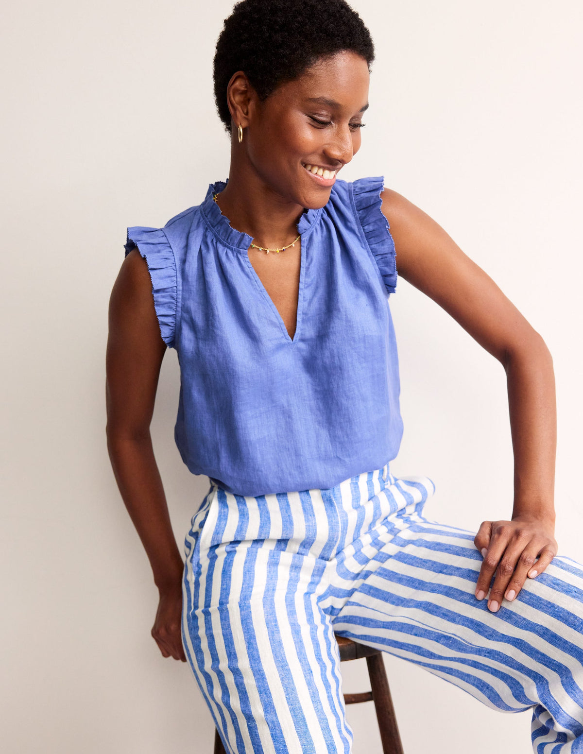 Frill Sleeve Linen Notch Top-Ebb & Flow-1