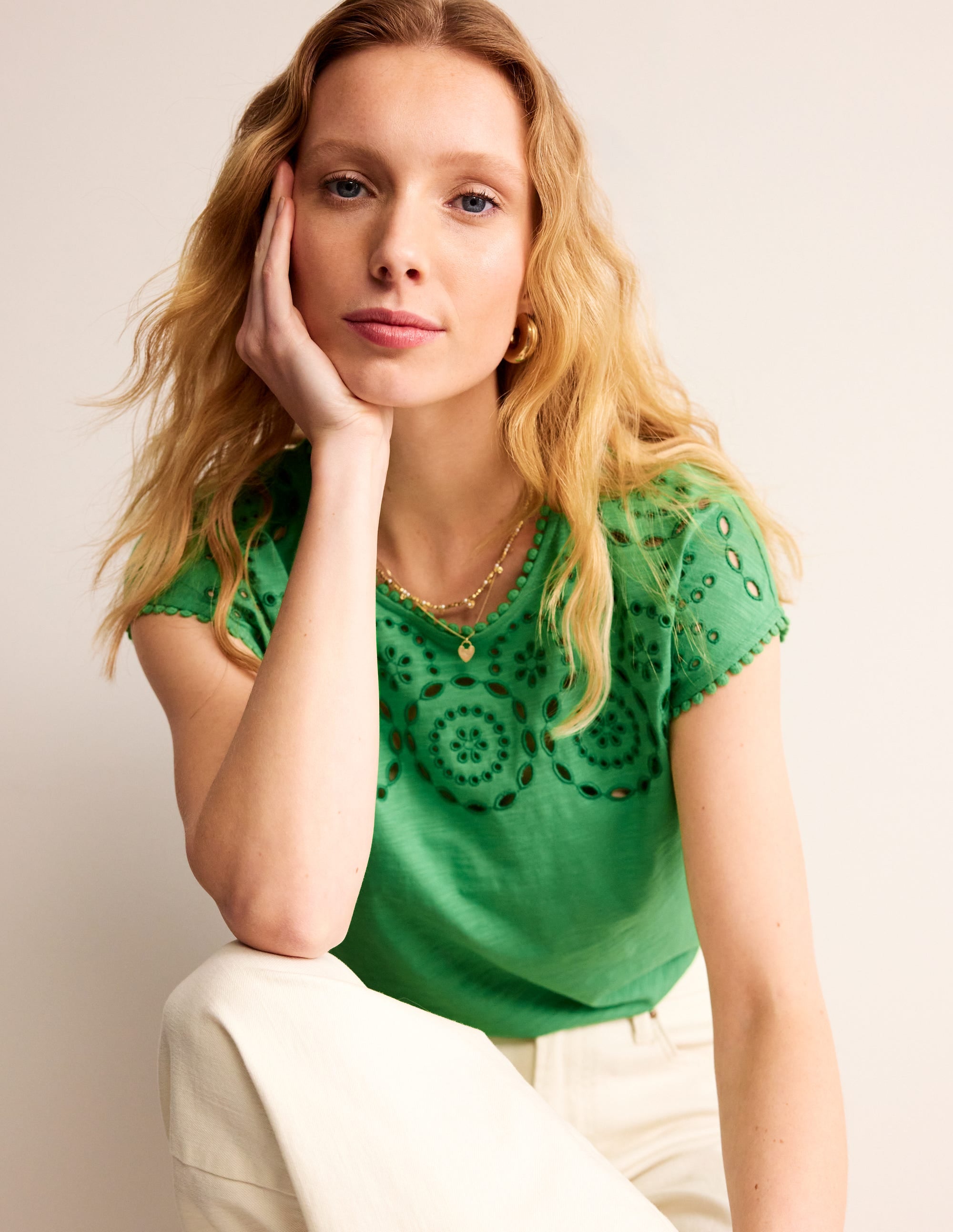 Sasha Broderie T-Shirt-Kelly Green - Image 1