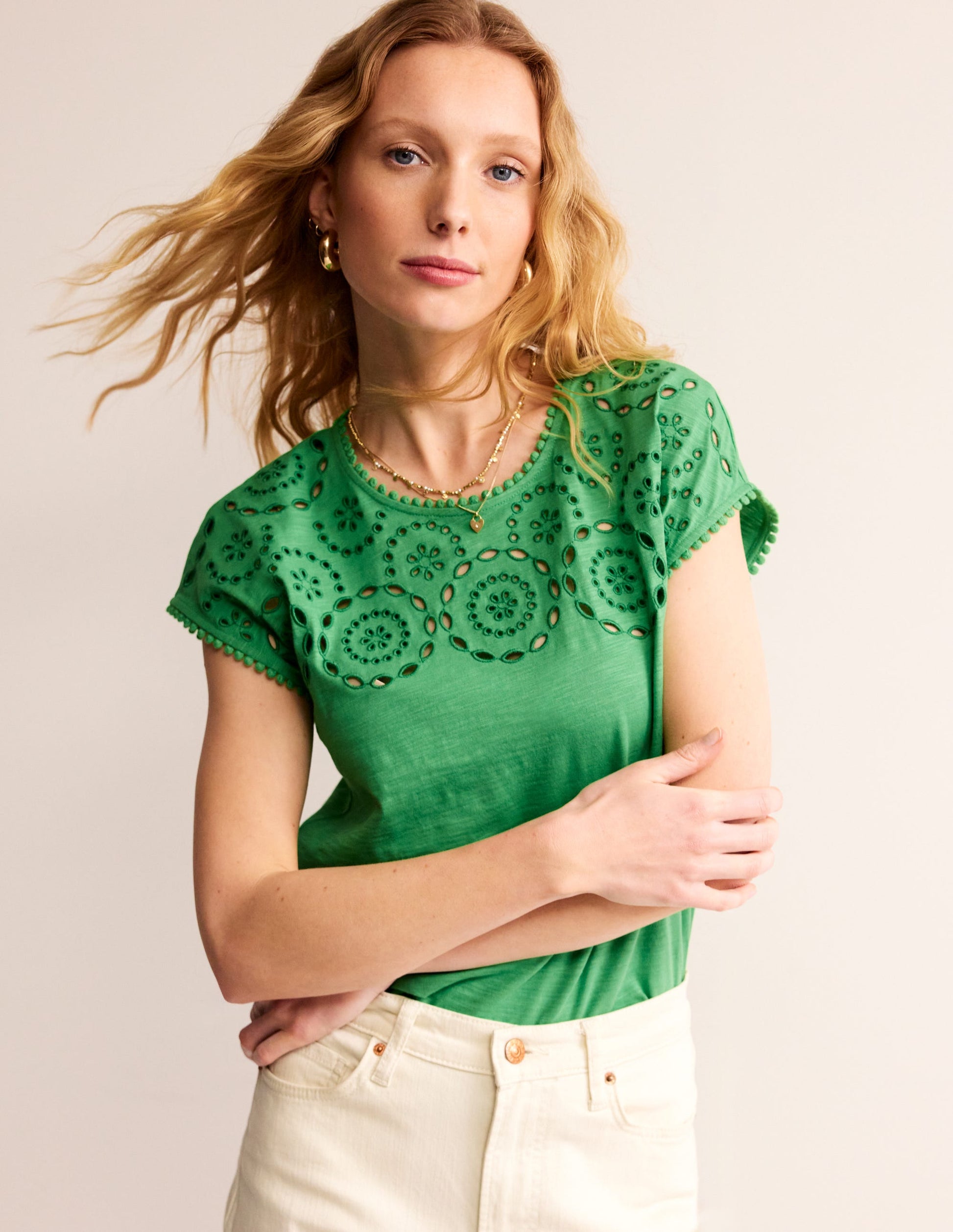 Sasha Broderie T-Shirt-Kelly Green-4