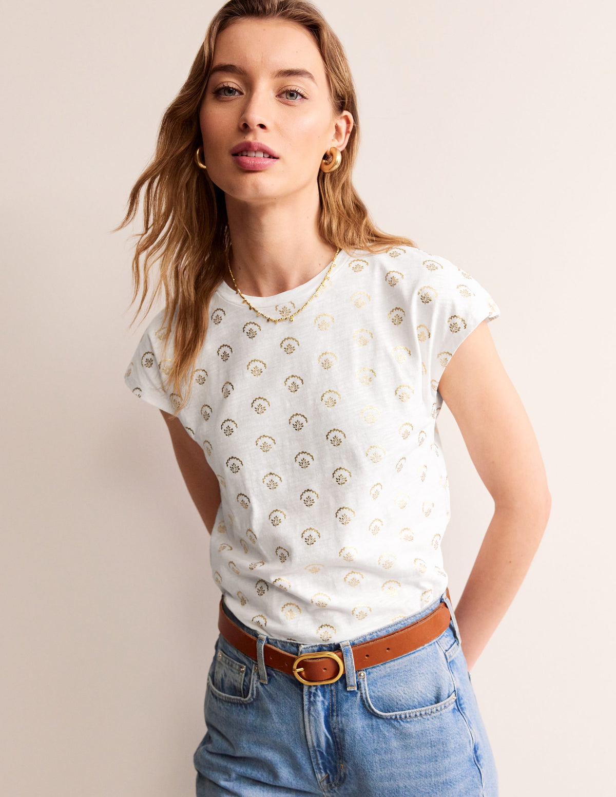 Louisa Printed Slub T-Shirt-White, Ditsy Vine Foil-4