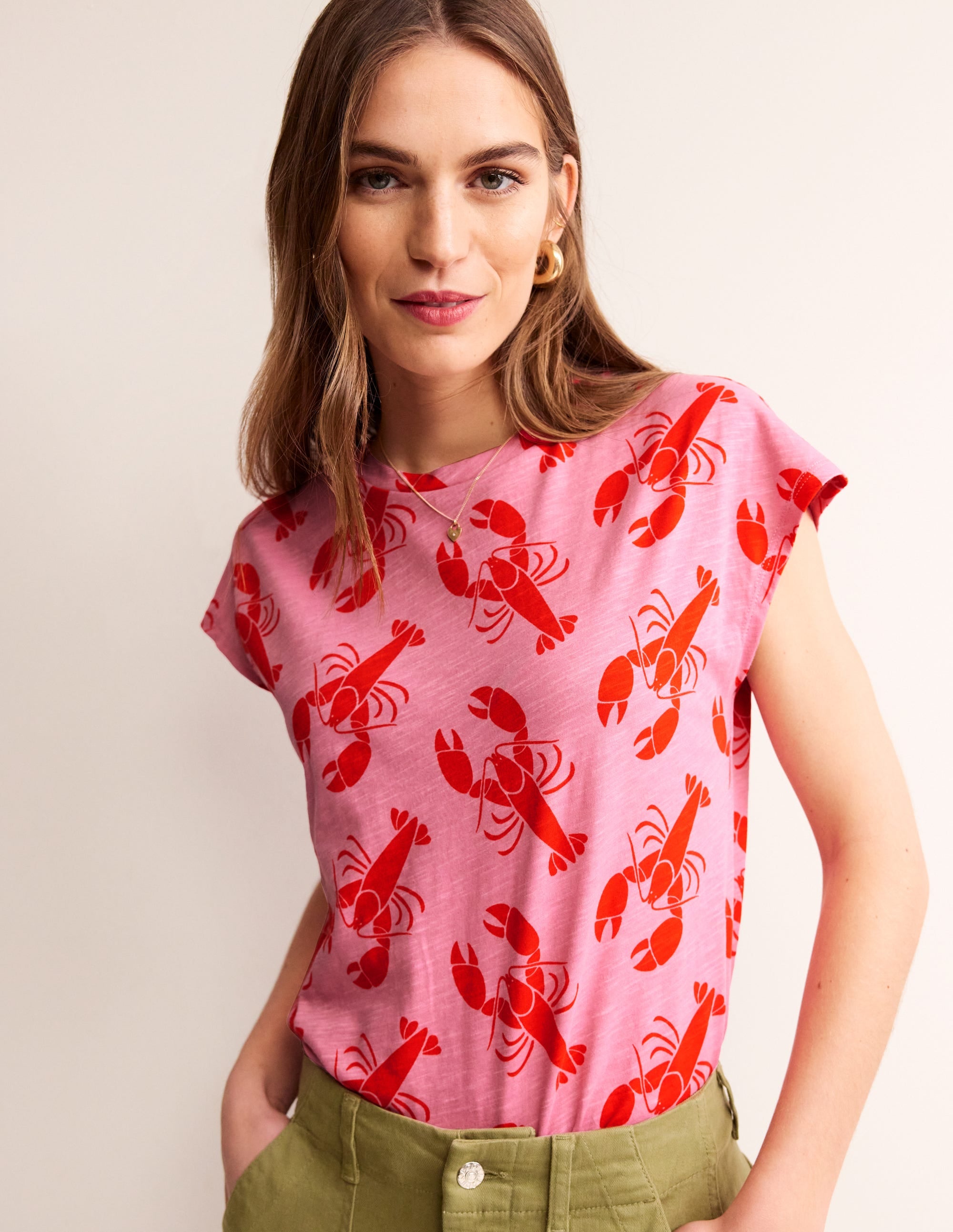 Louisa Printed Slub T-Shirt-Cashmere Rose, Lobster Small - Image 1