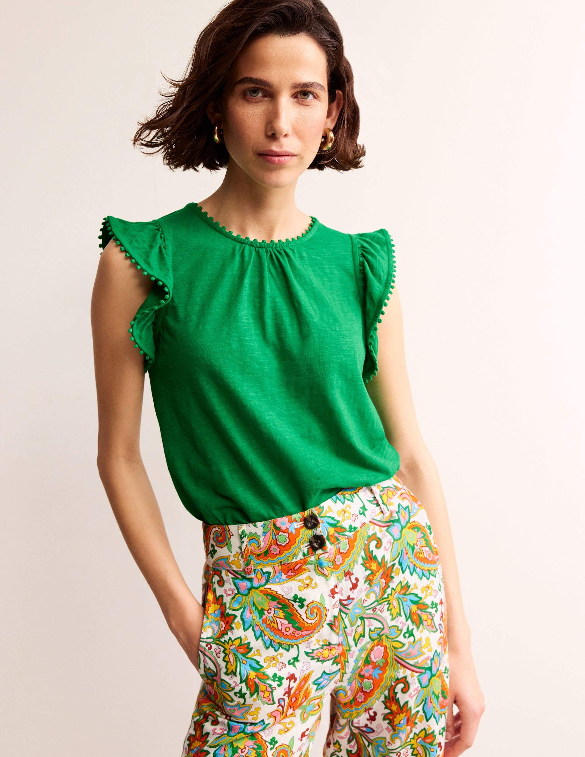 Pom Trim Ruffle Sleeve Top-Green Tambourine - Image 1