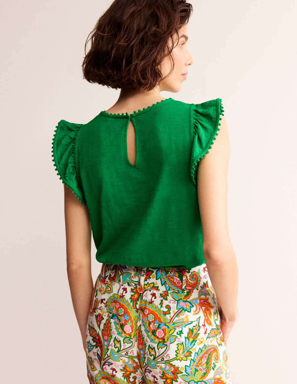 Pom Trim Ruffle Sleeve Top-Green Tambourine - Image 3